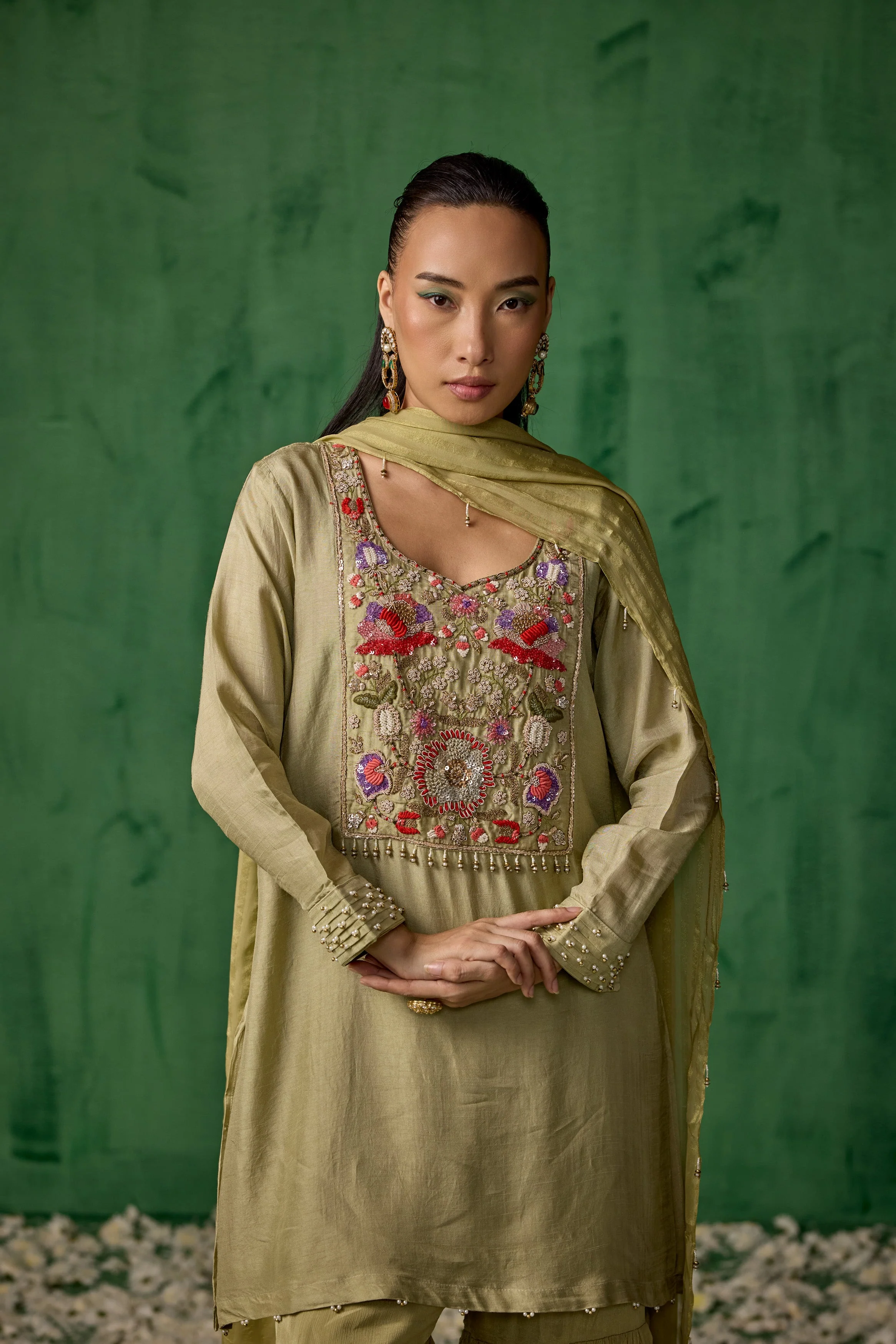 Pista Green Embellished  Muslin Silk Sharara Set - Image 3