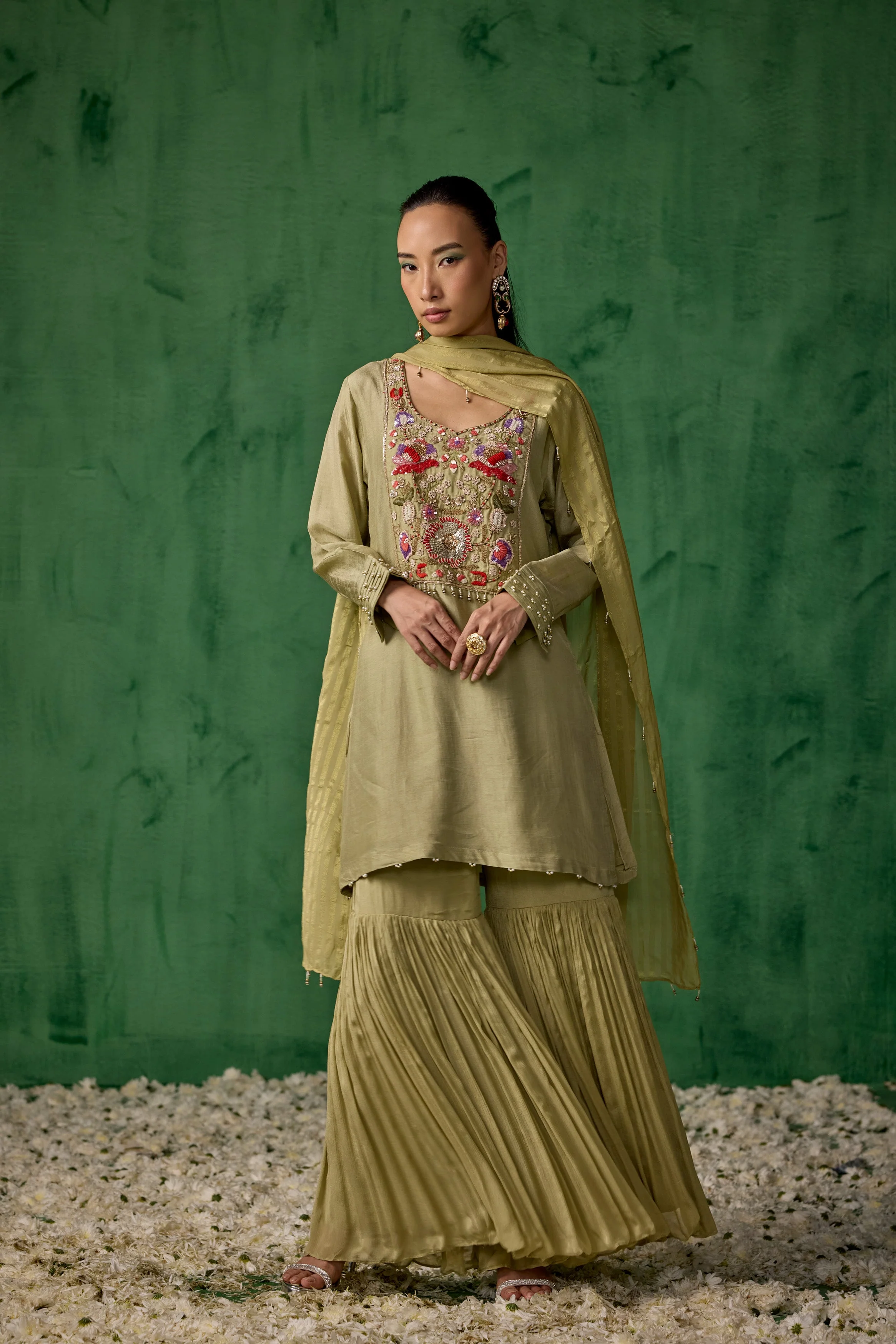 Pista Green Embellished  Muslin Silk Sharara Set - Image 4