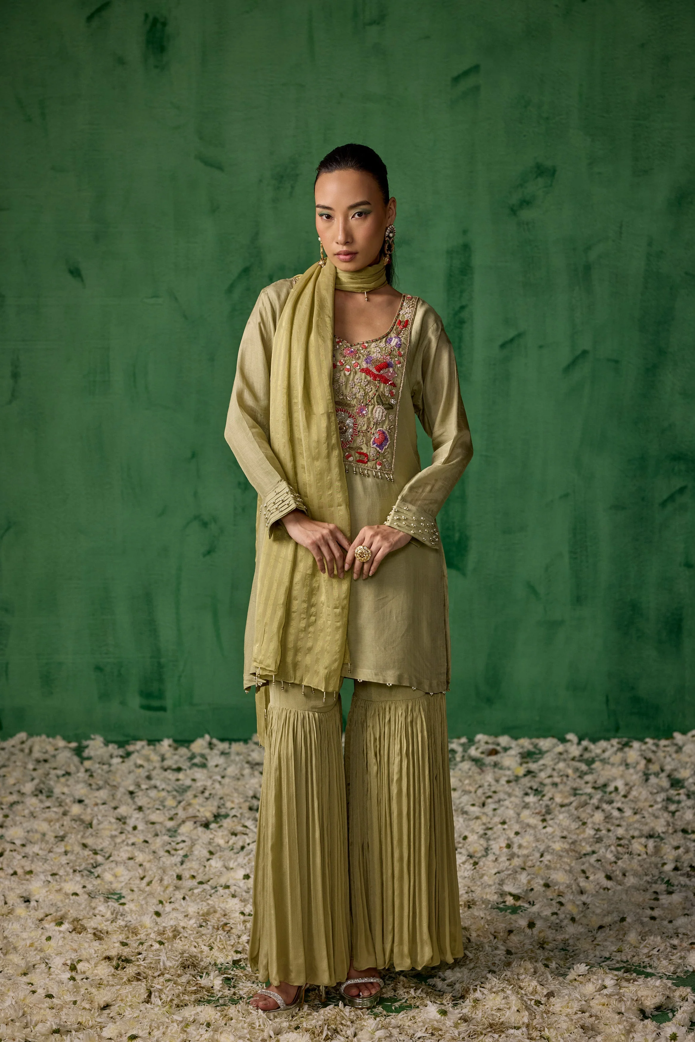 Pista Green Embellished  Muslin Silk Sharara Set - Image 5