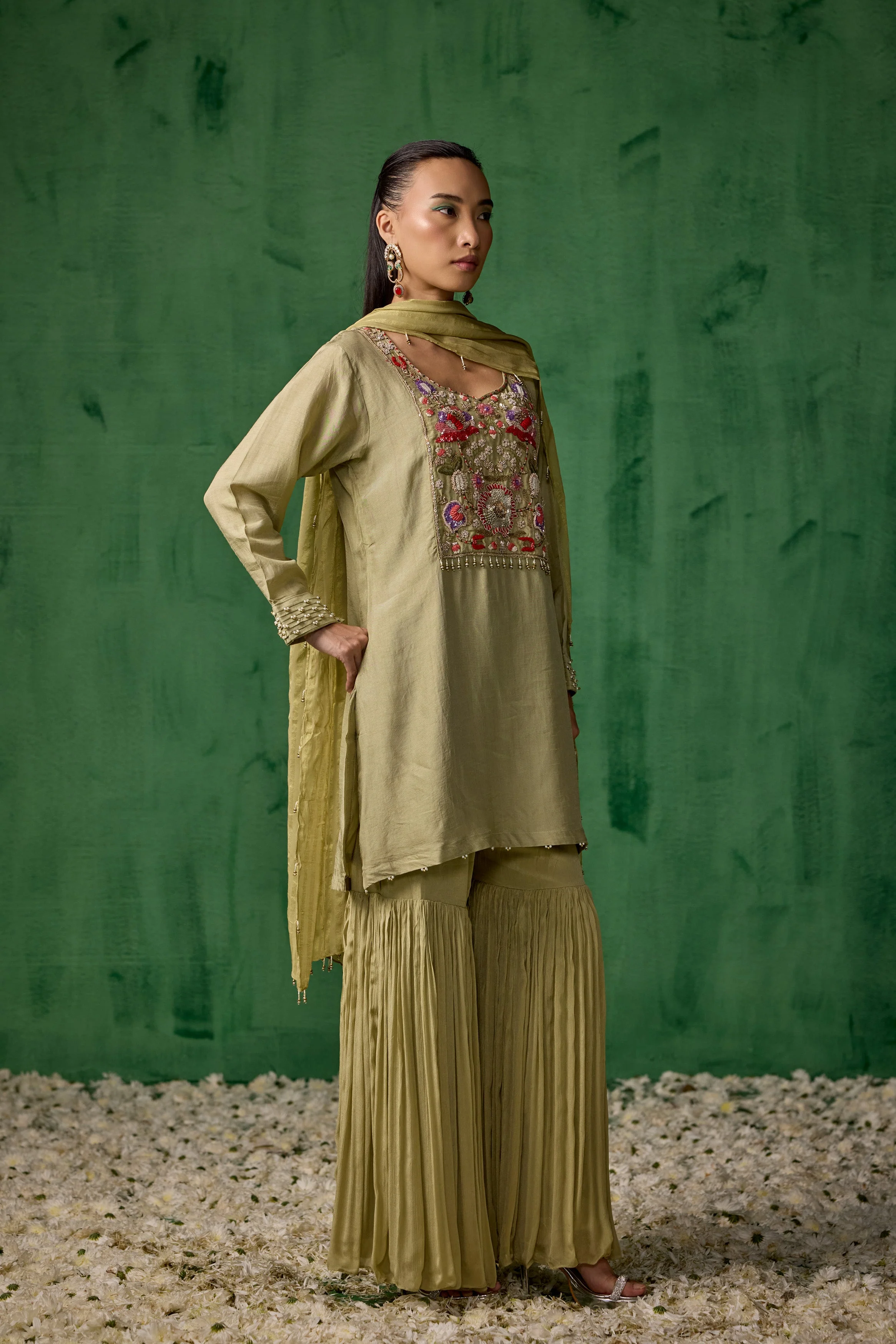 Pista Green Embellished  Muslin Silk Sharara Set - Image 6
