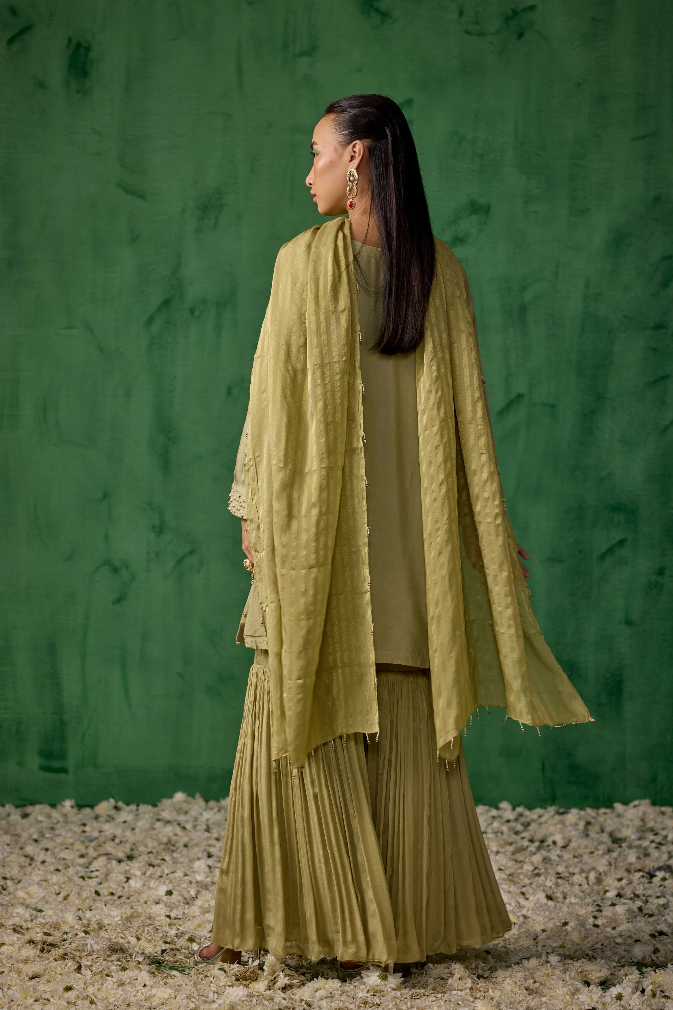 Pista Green Embellished  Muslin Silk Sharara Set - Image 7