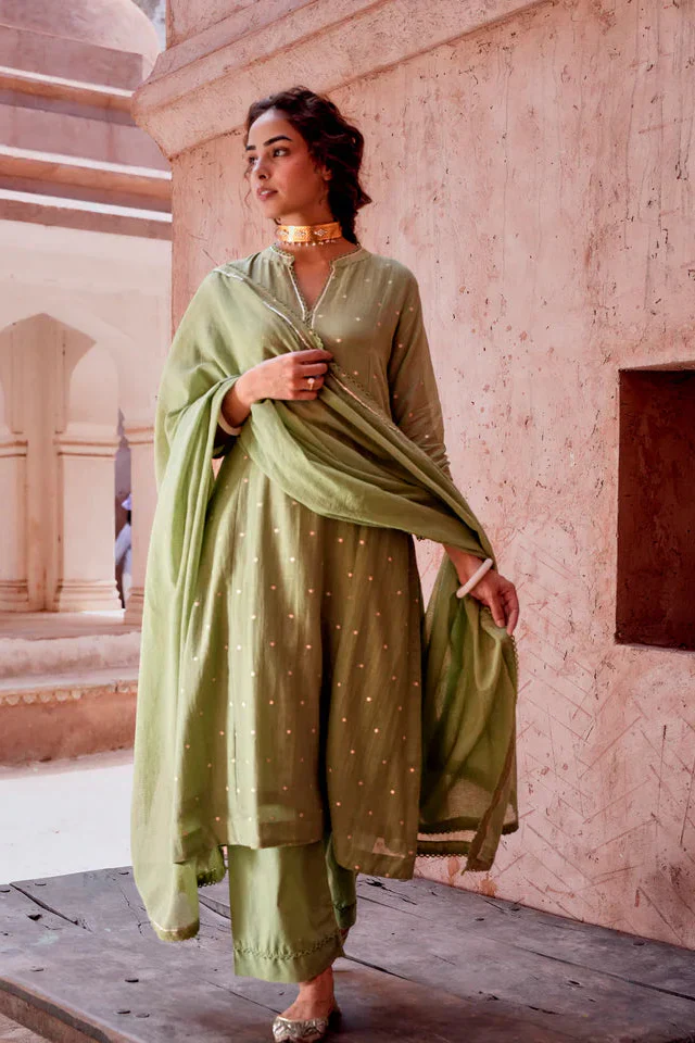 Sage Green Zari Dotted Mul-Cotton Pant Set - Image 4