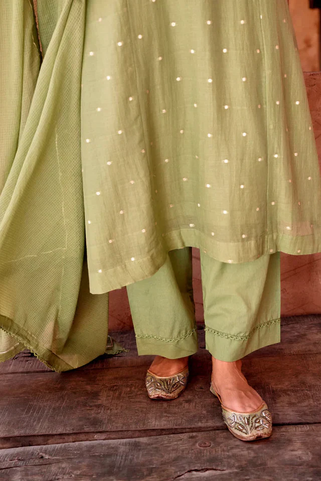 Sage Green Zari Dotted Mul-Cotton Pant Set - Image 5
