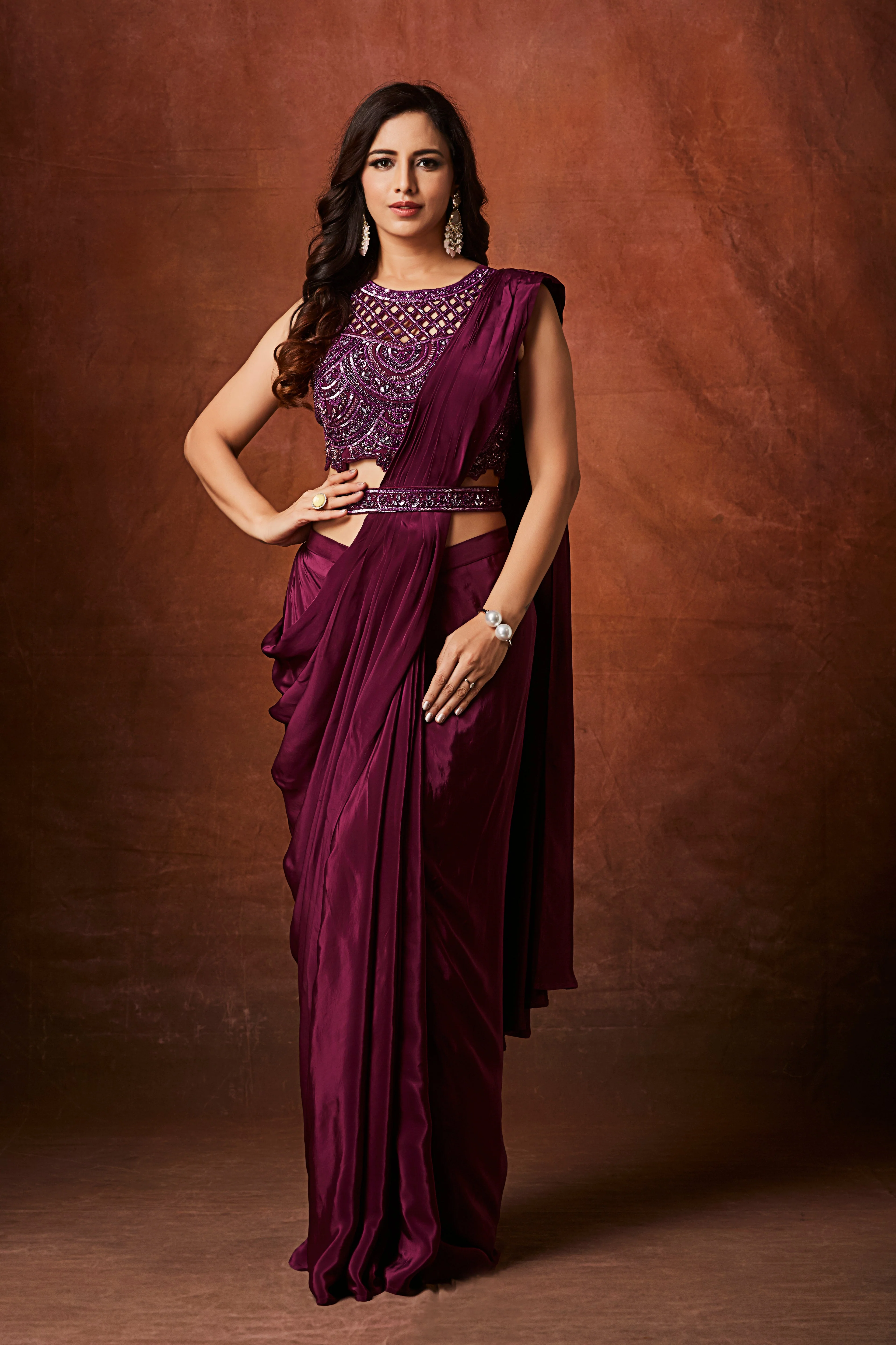 Wine Purple Embellished  Crepe Silk Drape Saree