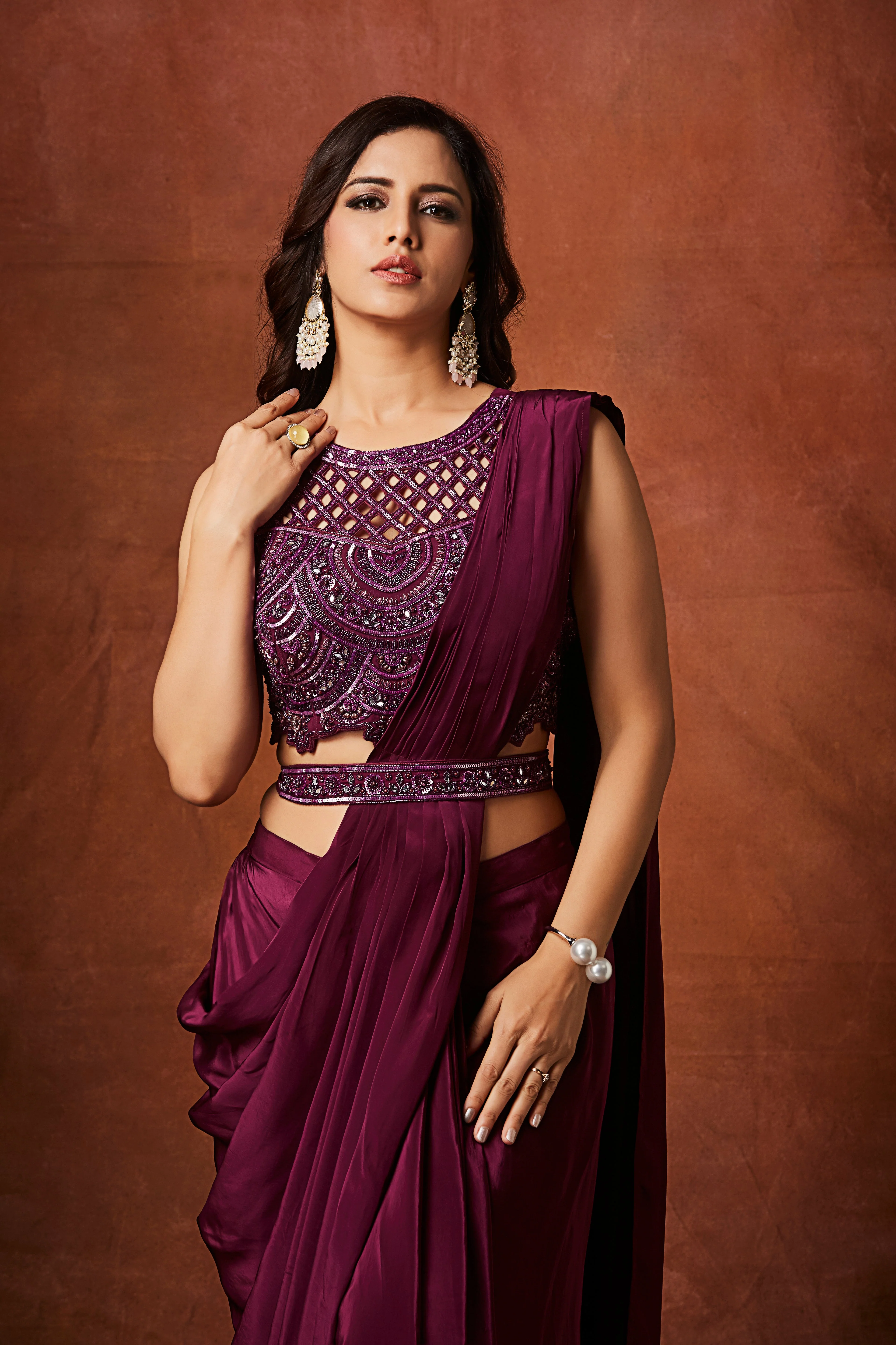 Wine Purple Embellished  Crepe Silk Drape Saree - Image 2
