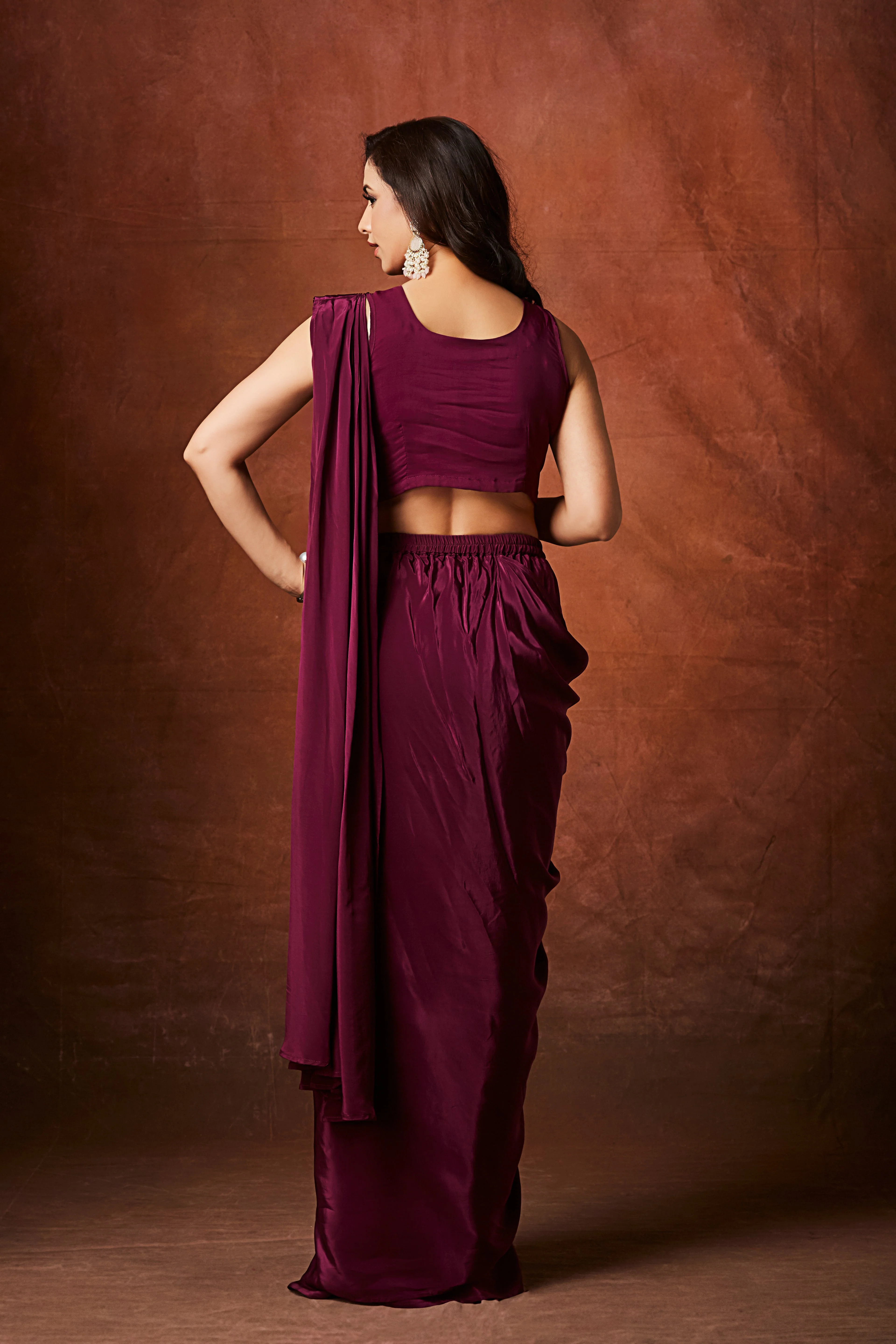 Wine Purple Embellished  Crepe Silk Drape Saree - Image 6