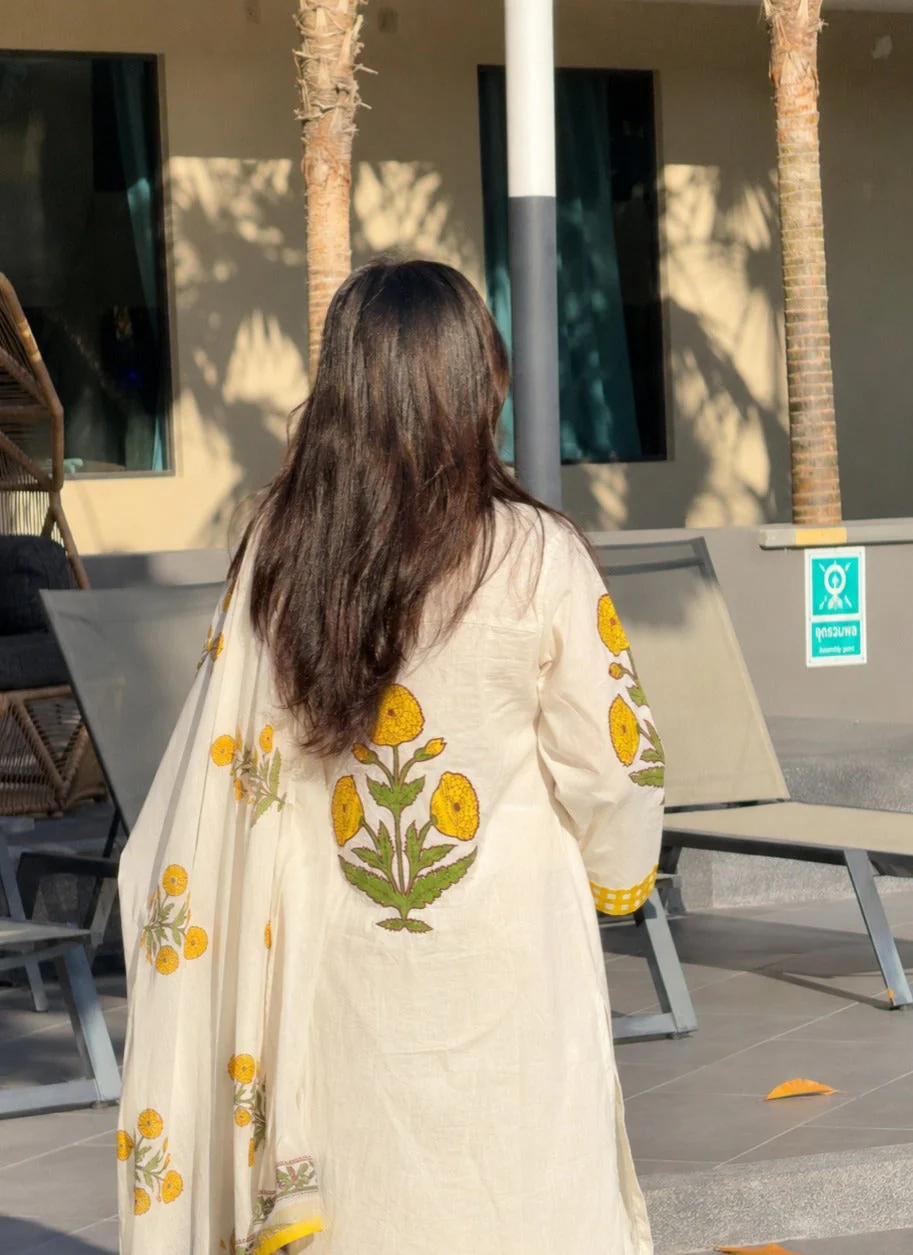Mustard Blossom Printed Mul-Cotton Kurta Set - Image 2