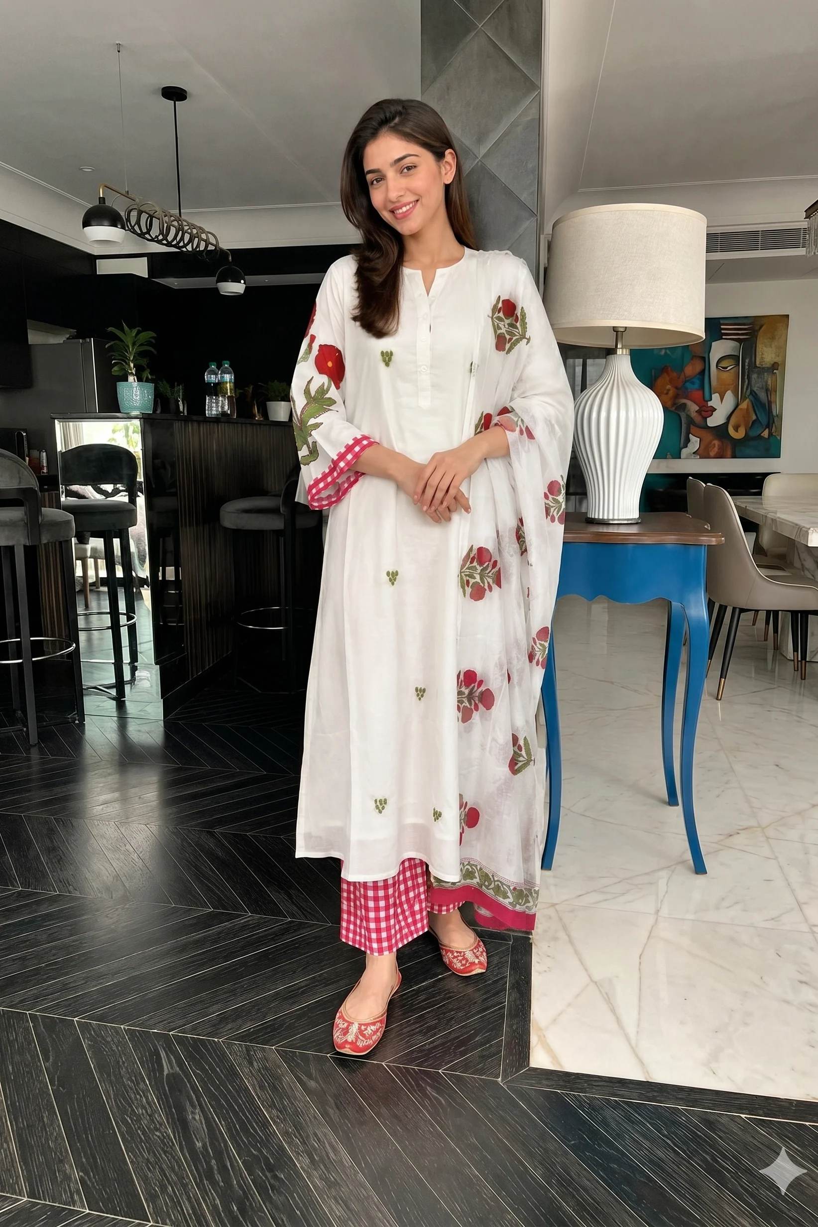 Red Rose Blossom Printed Mul-Cotton Kurta Set