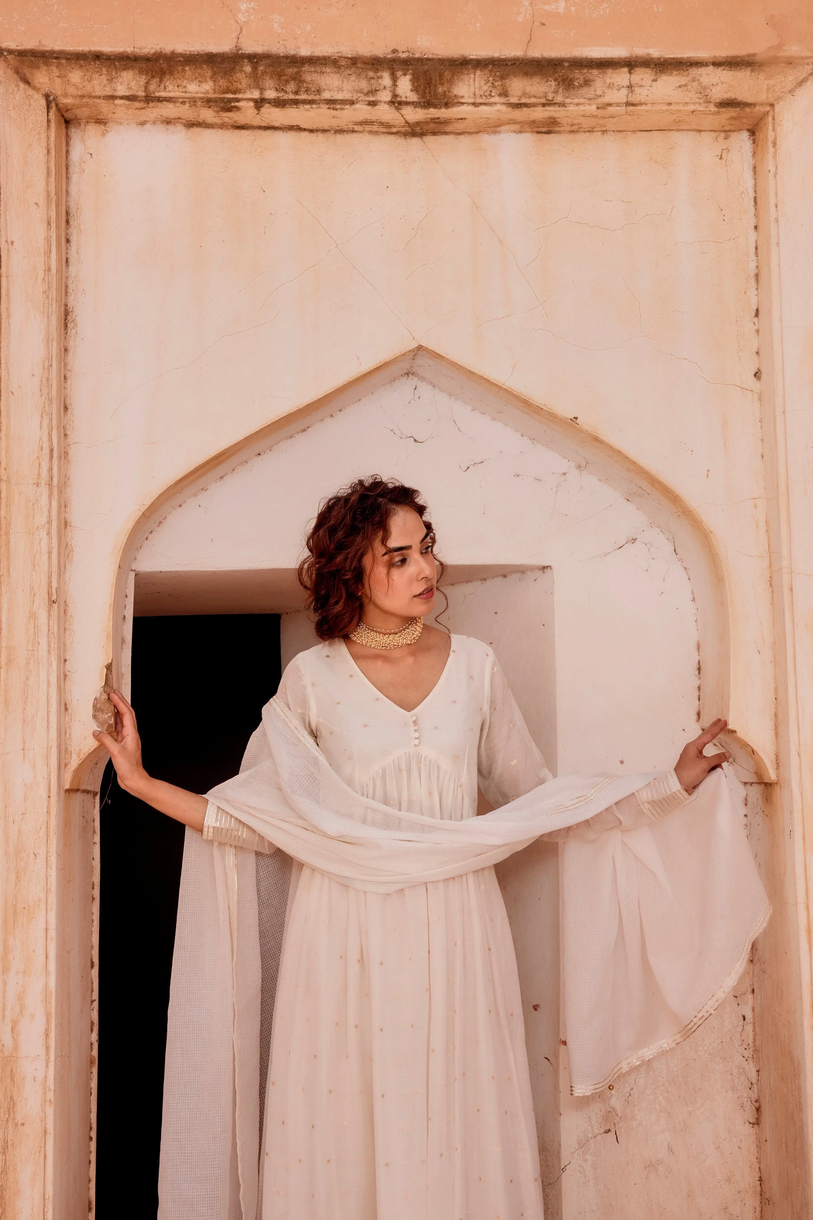 Off-White Zari Dotted Mul-Cotton Anarkali Set - Image 2