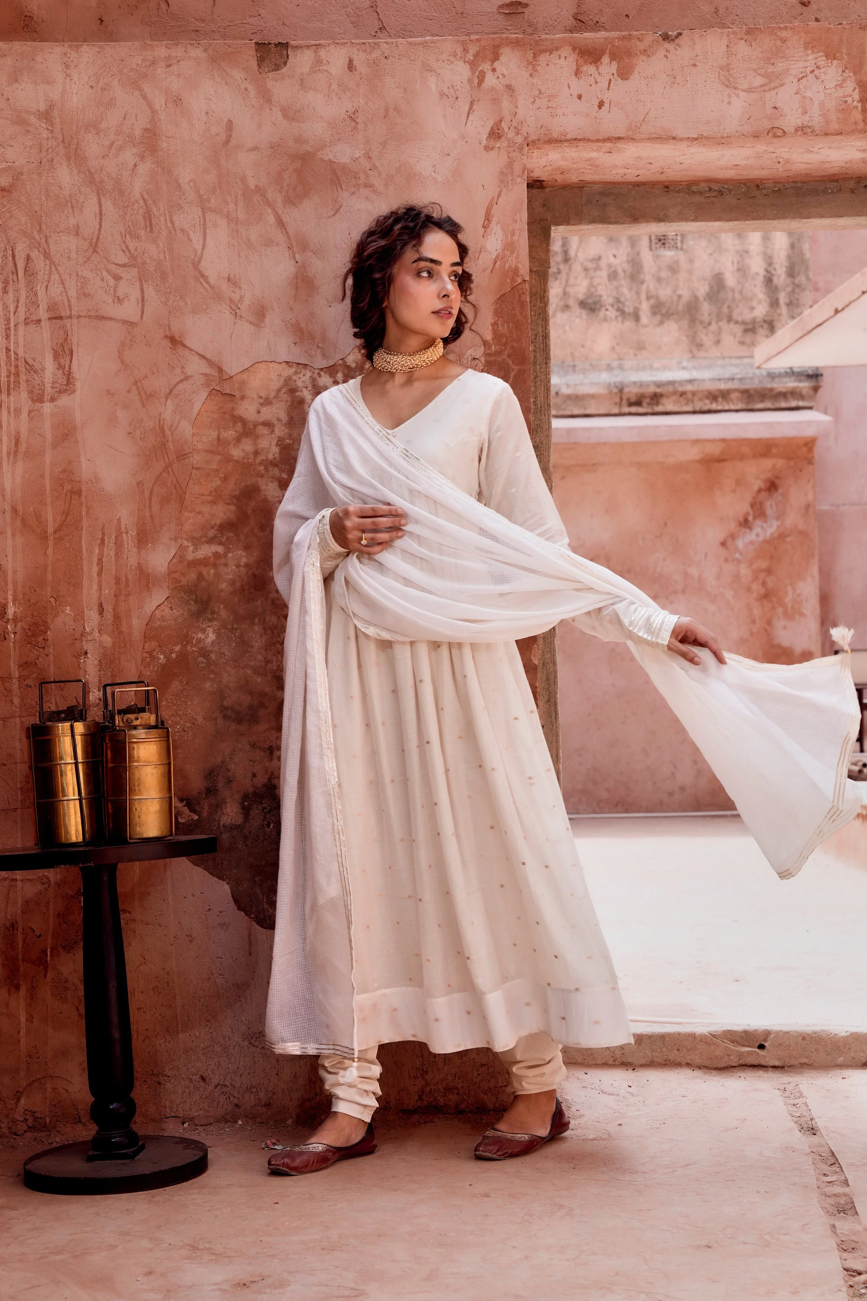 Off-White Zari Dotted Mul-Cotton Anarkali Set - Image 3