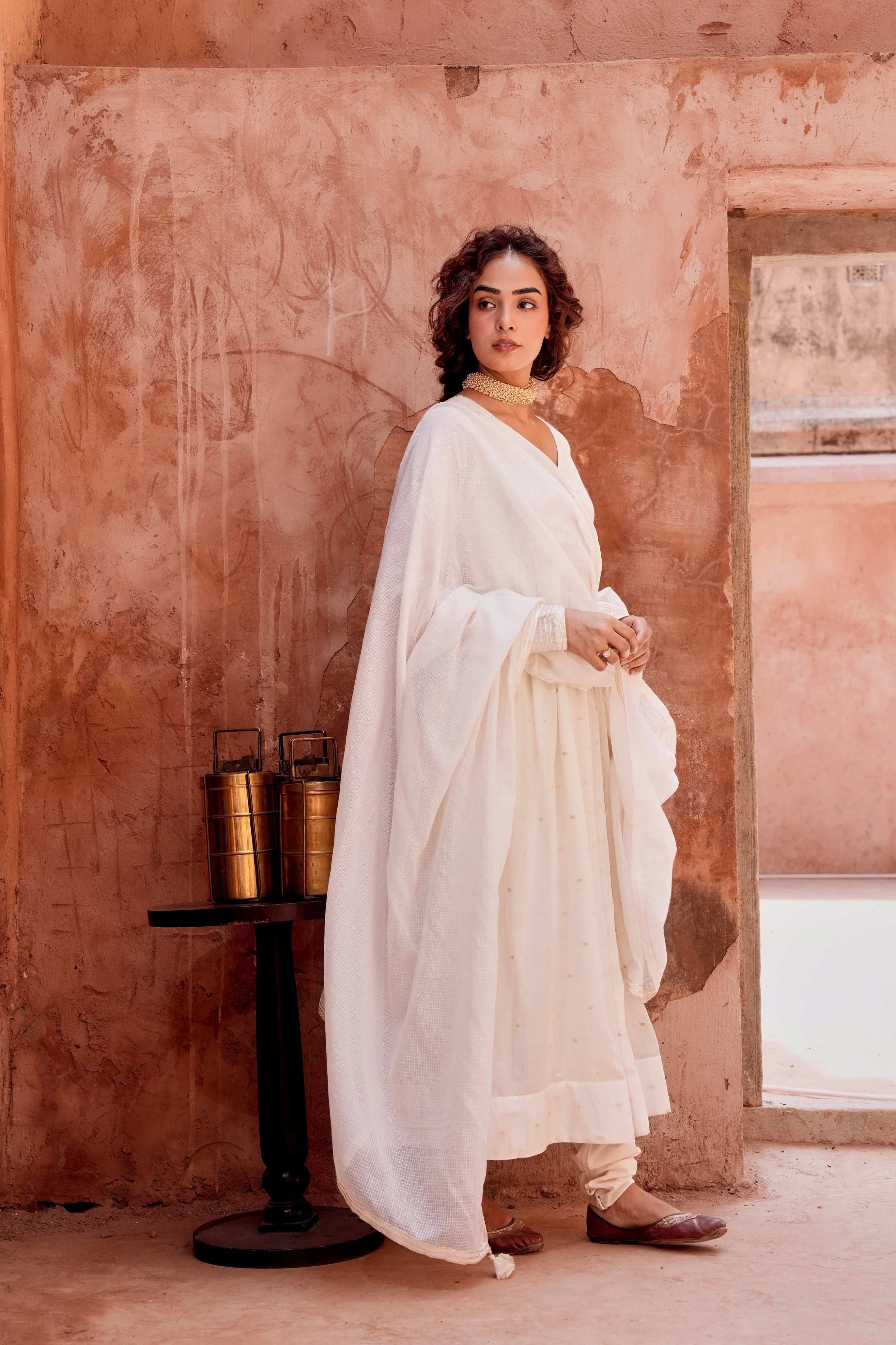 Off-White Zari Dotted Mul-Cotton Anarkali Set - Image 4