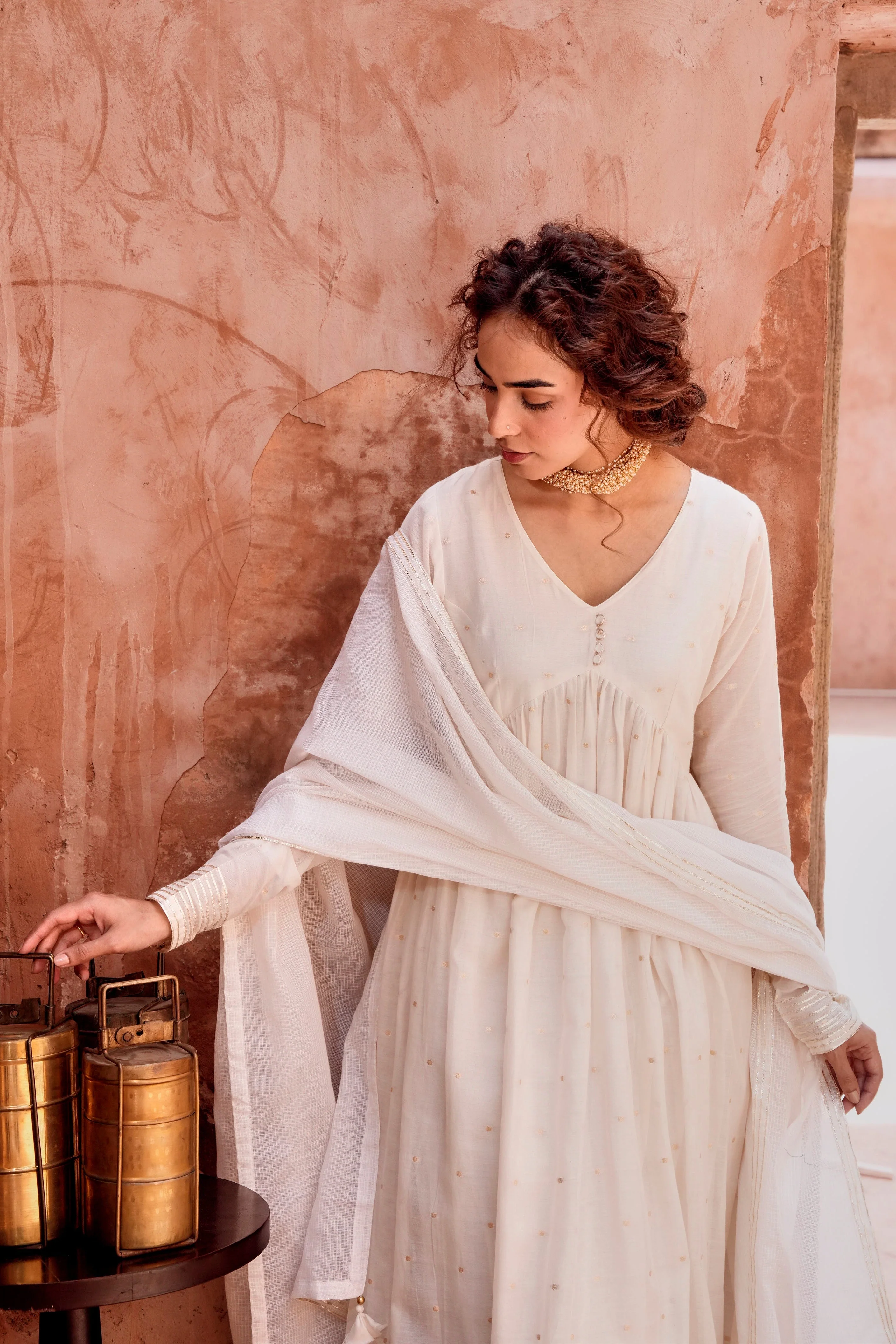 Off-White Zari Dotted Mul-Cotton Anarkali Set - Image 5