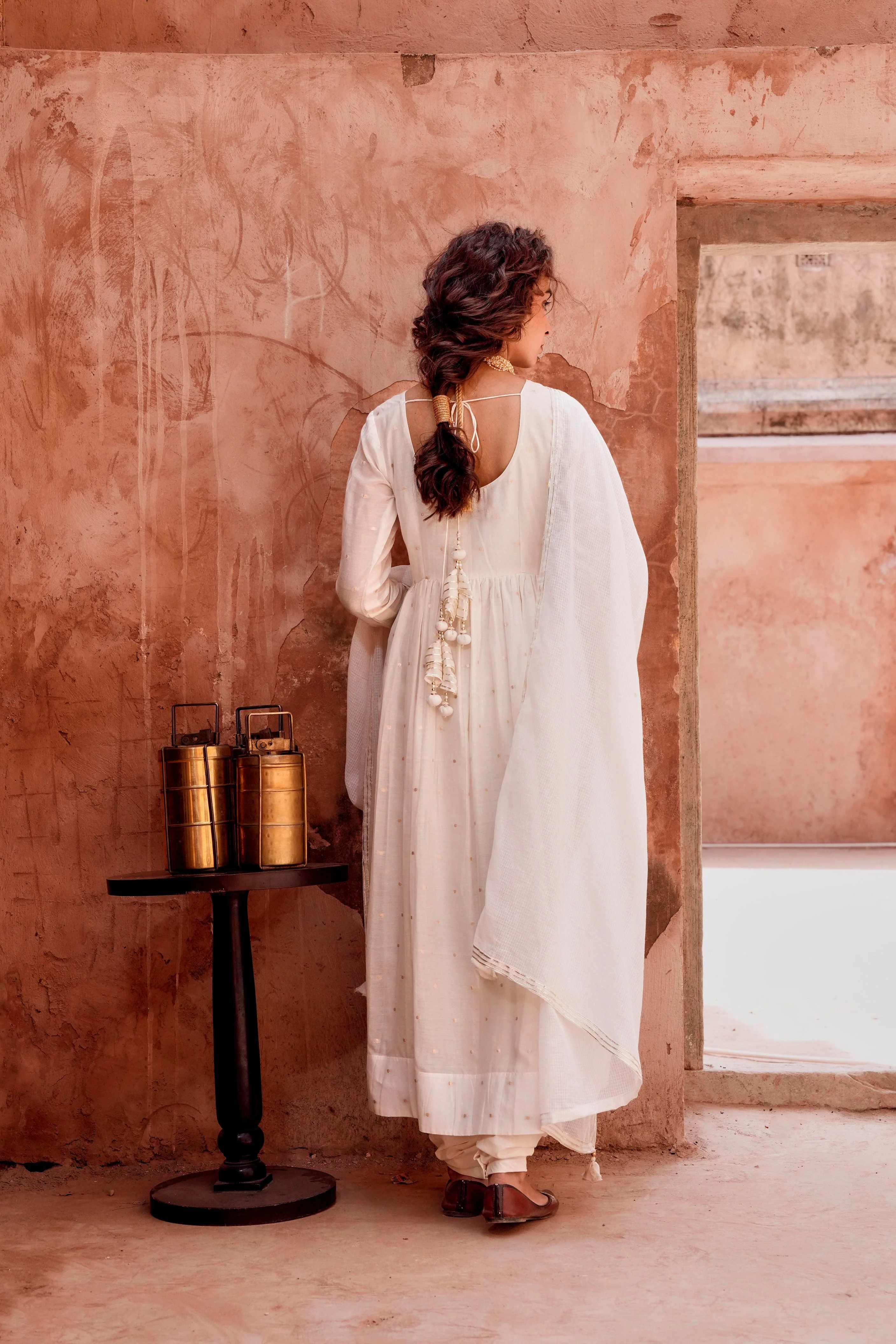 Off-White Zari Dotted Mul-Cotton Anarkali Set - Image 6