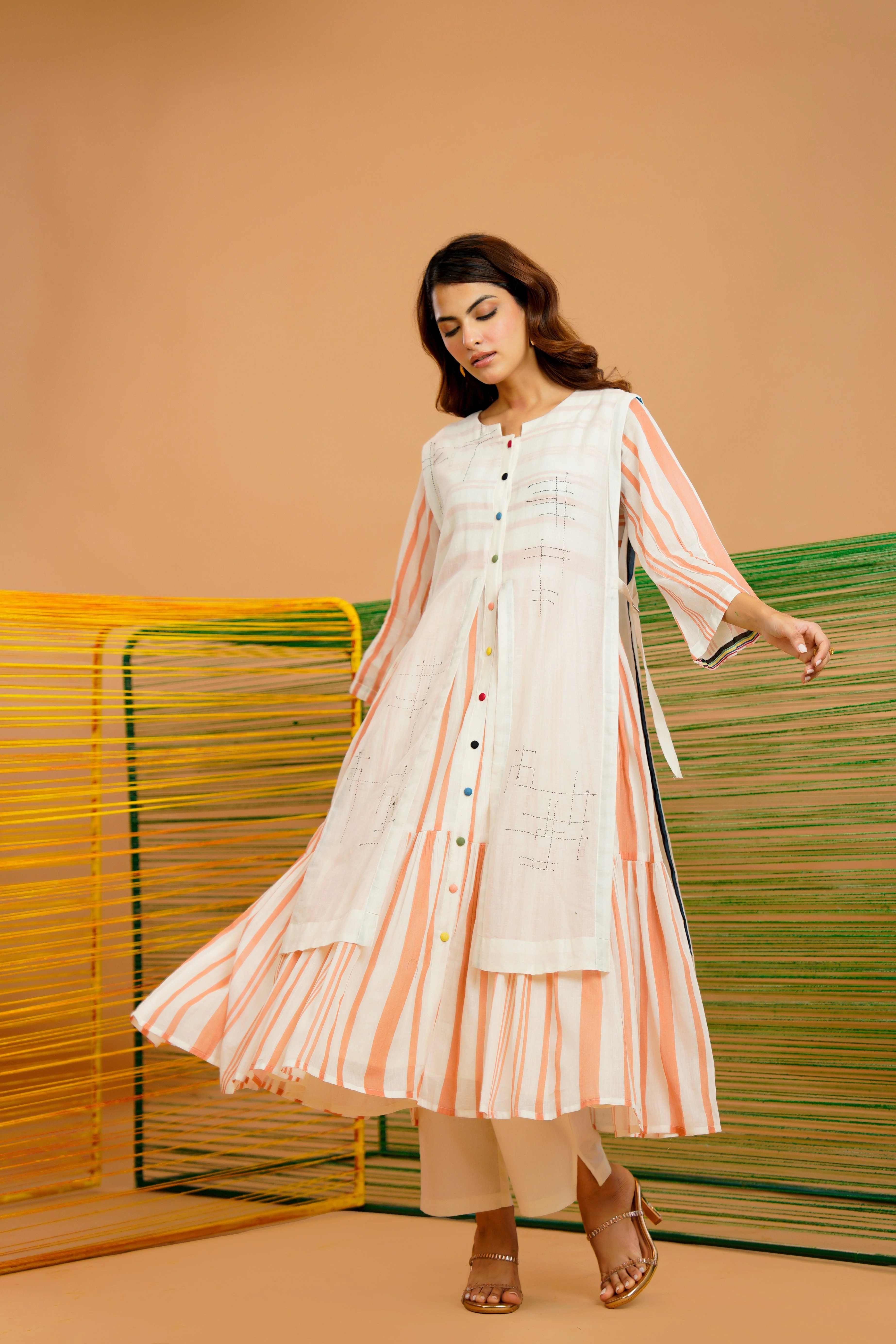 Rust-Stripe Printed Cotton Kurta Set