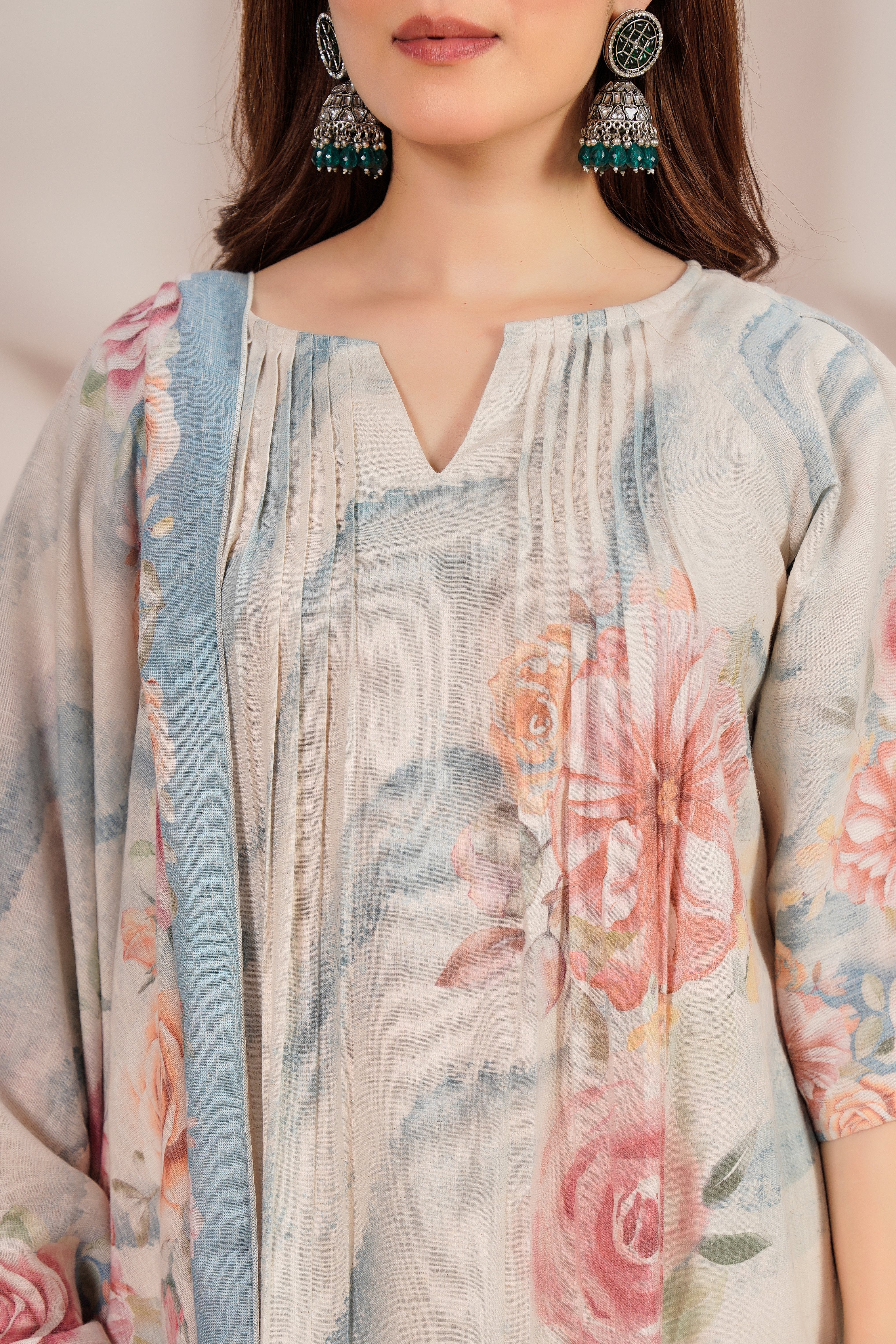 Pastel Charm Printed Cotton Linen Kurta Set - Image 2