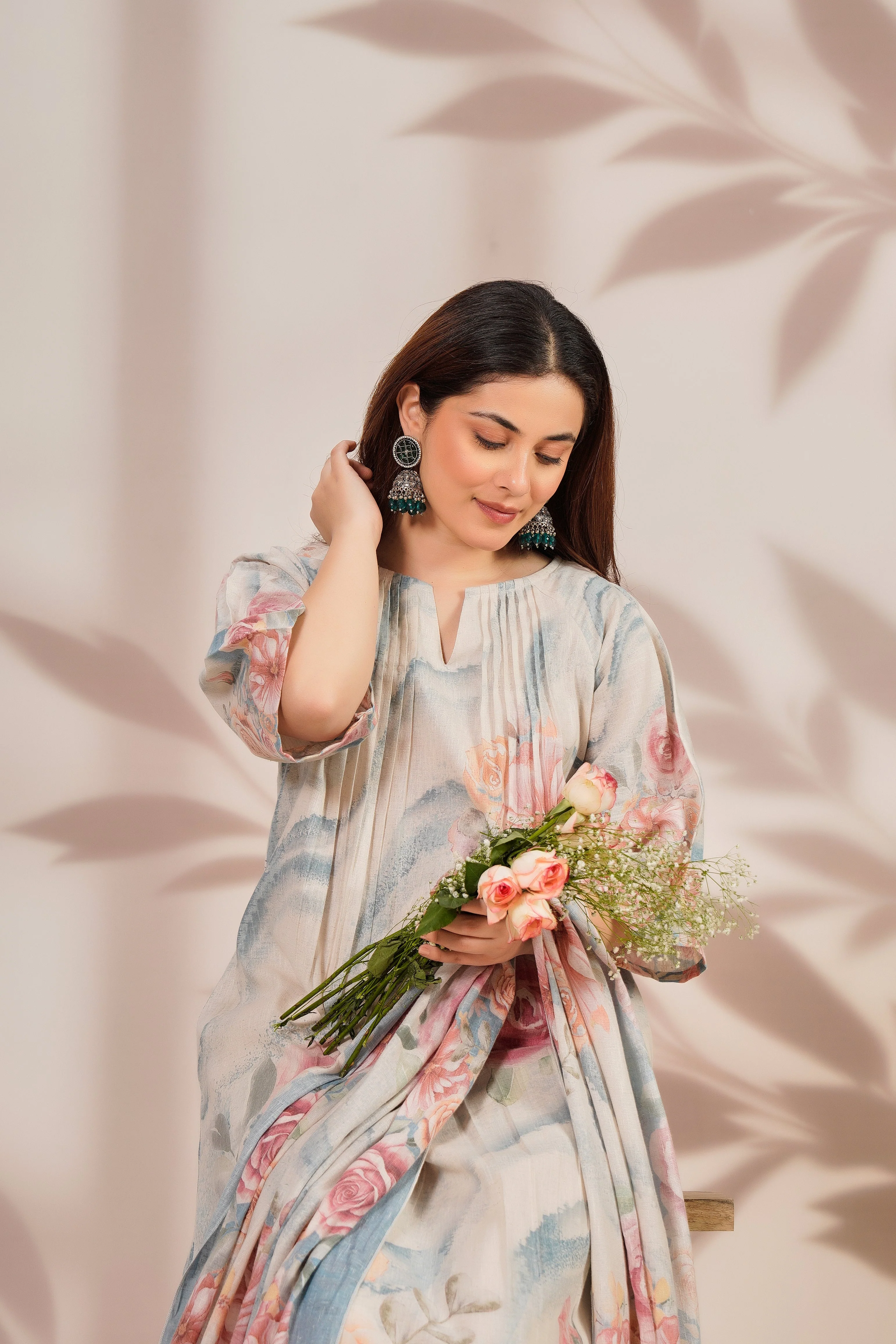 Pastel Charm Printed Cotton Linen Kurta Set - Image 3