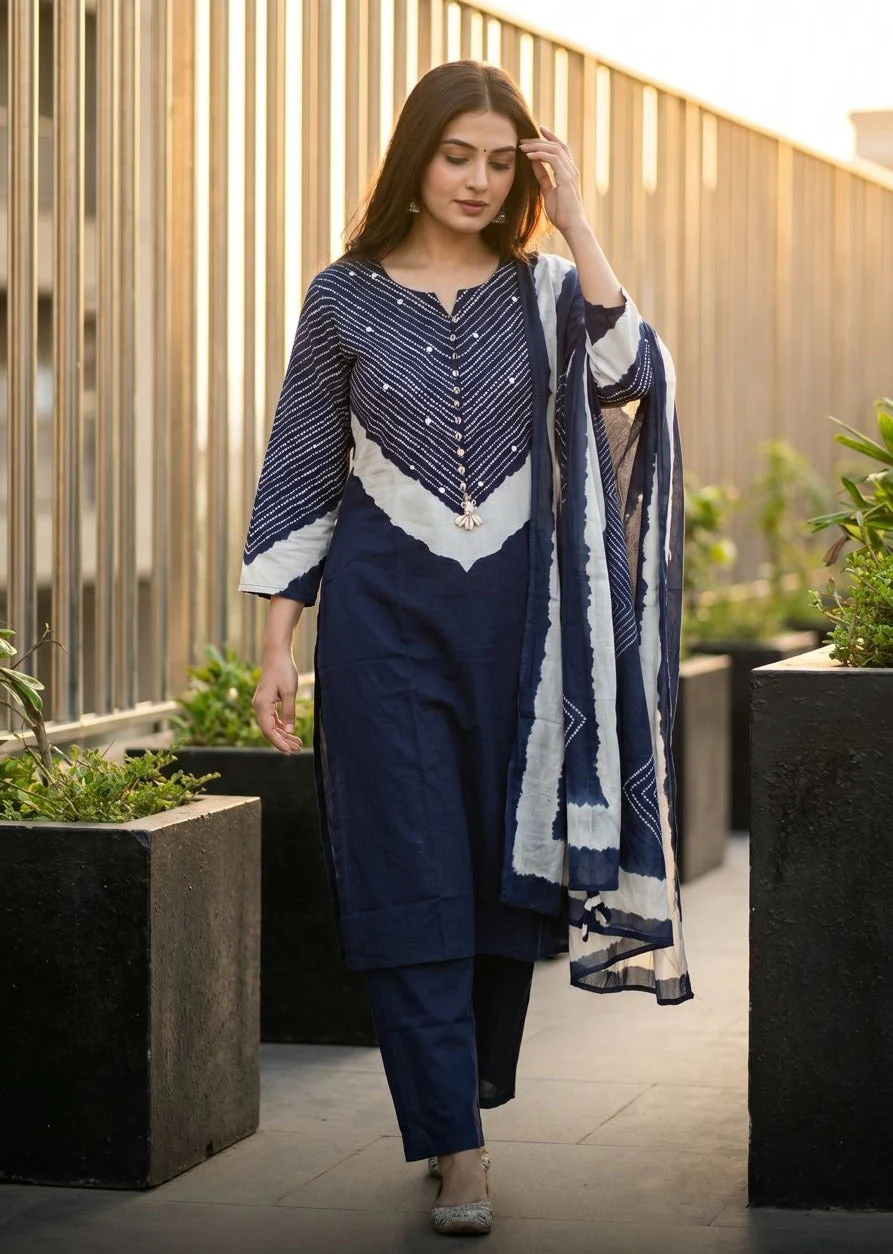 Indigo Chevron Printed Cotton Pant Set