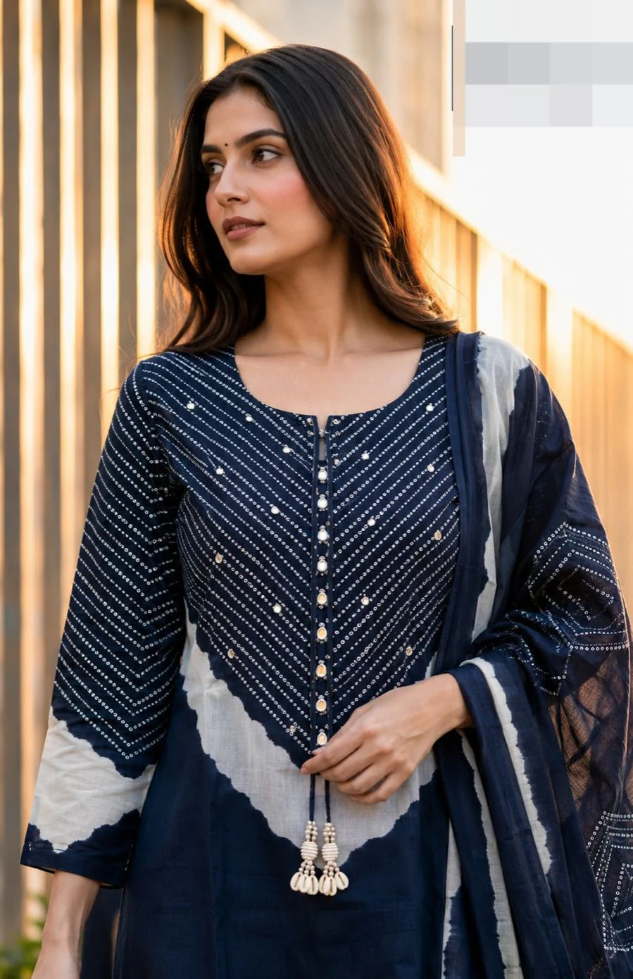 Indigo Chevron Printed Cotton Pant Set - Image 2