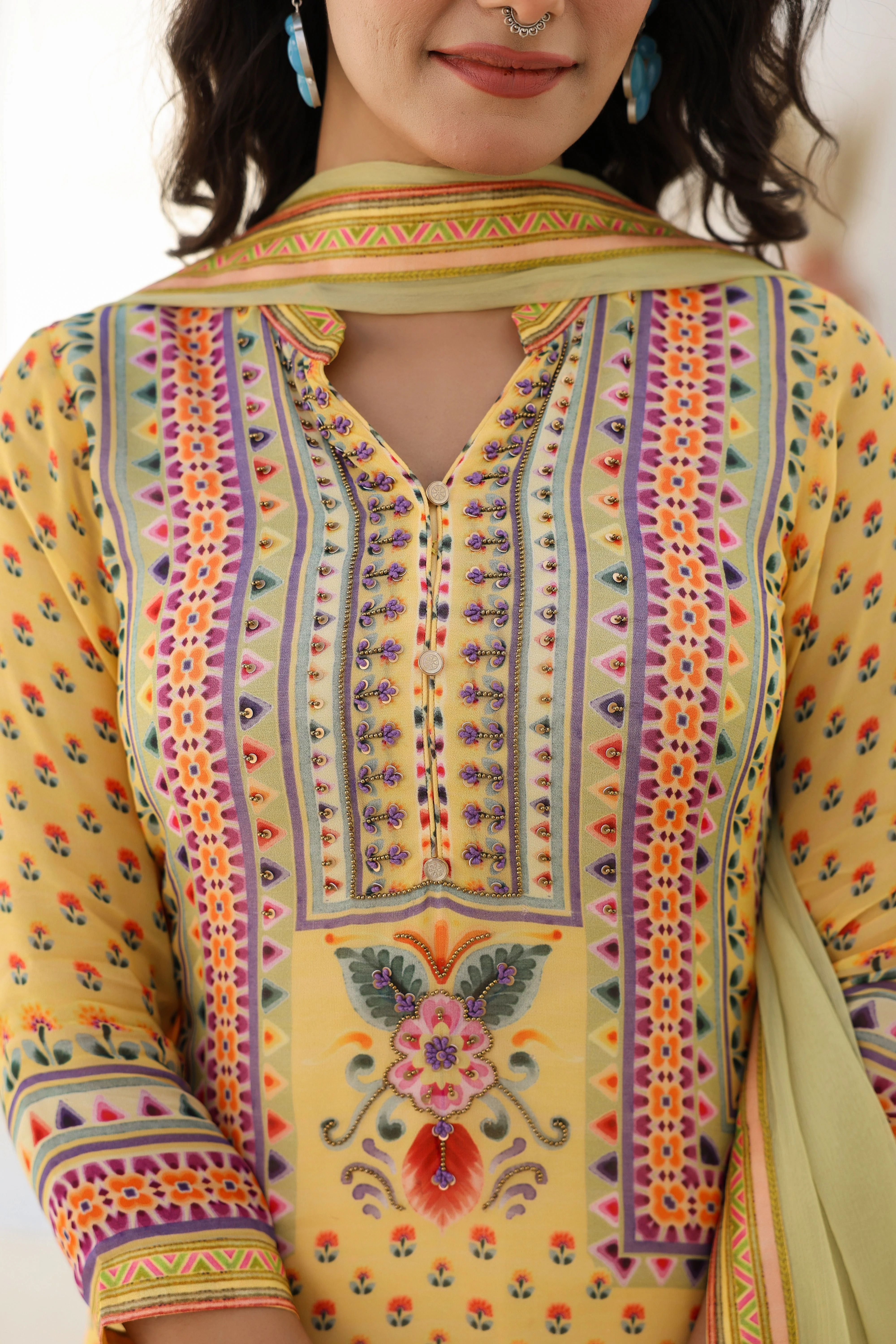 Sunshine Yellow Ethnic Printed Georgette Silk Kurta Pants Set - Image 3
