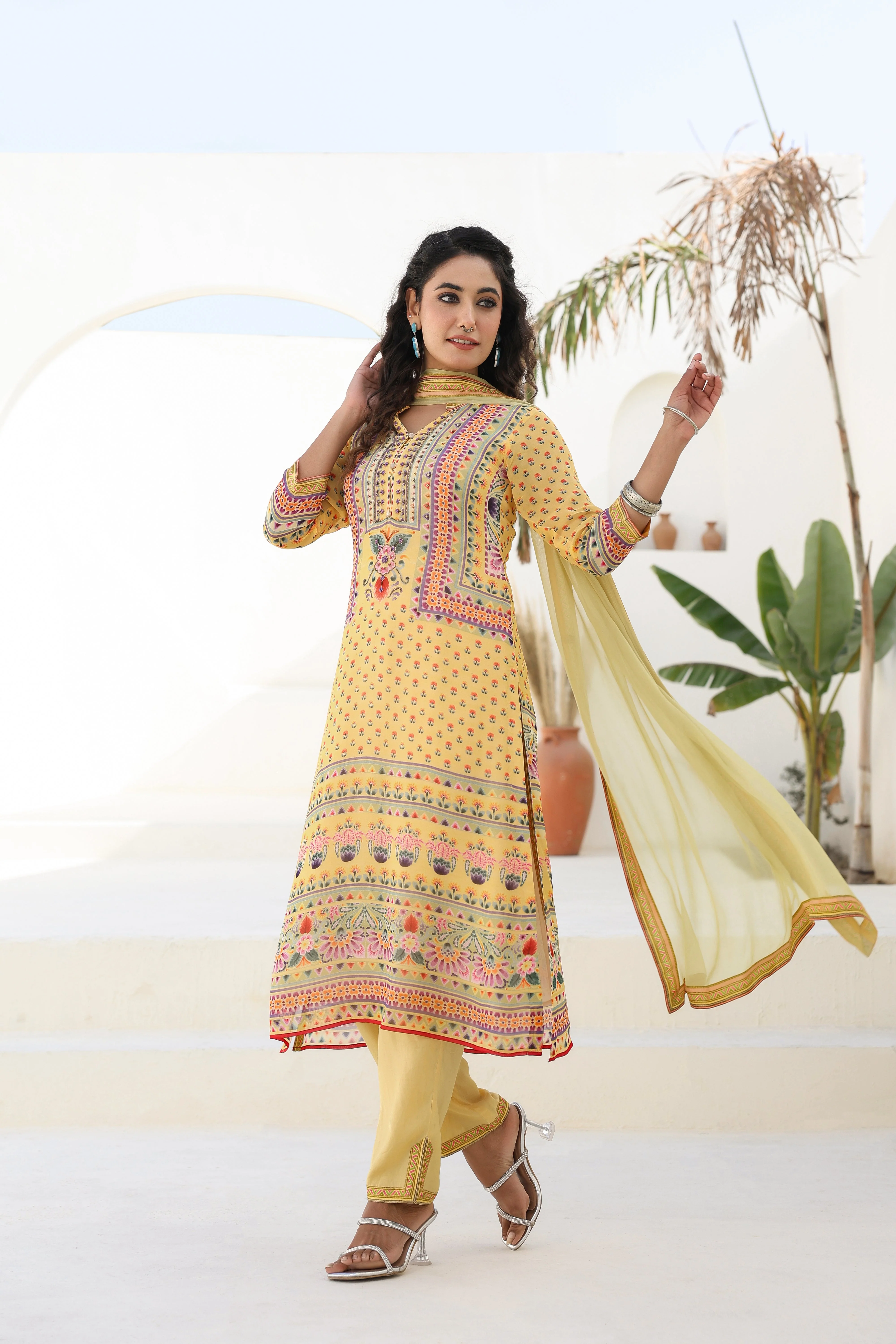 Sunshine Yellow Ethnic Printed Georgette Silk Kurta Pants Set - Image 4