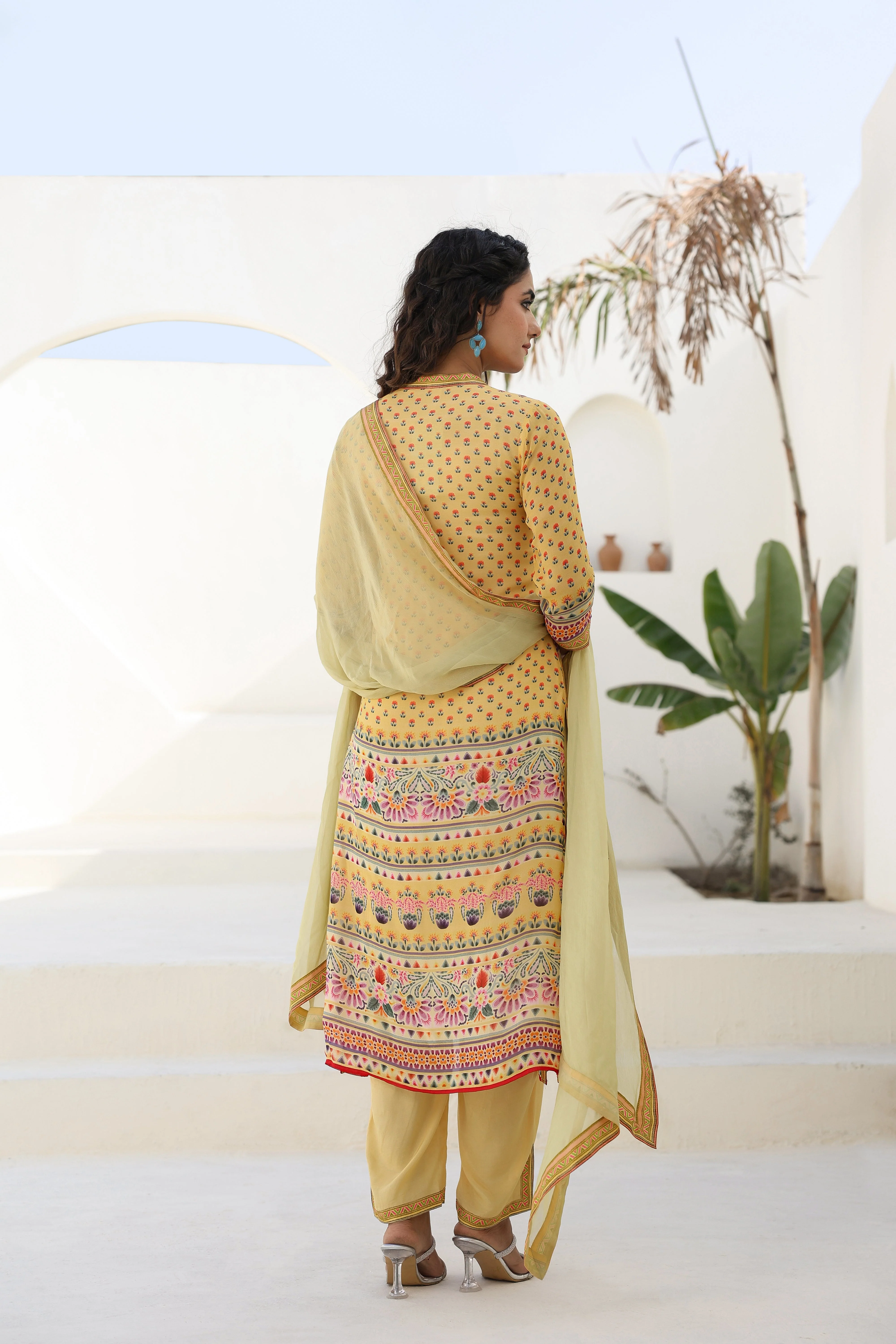 Sunshine Yellow Ethnic Printed Georgette Silk Kurta Pants Set - Image 5