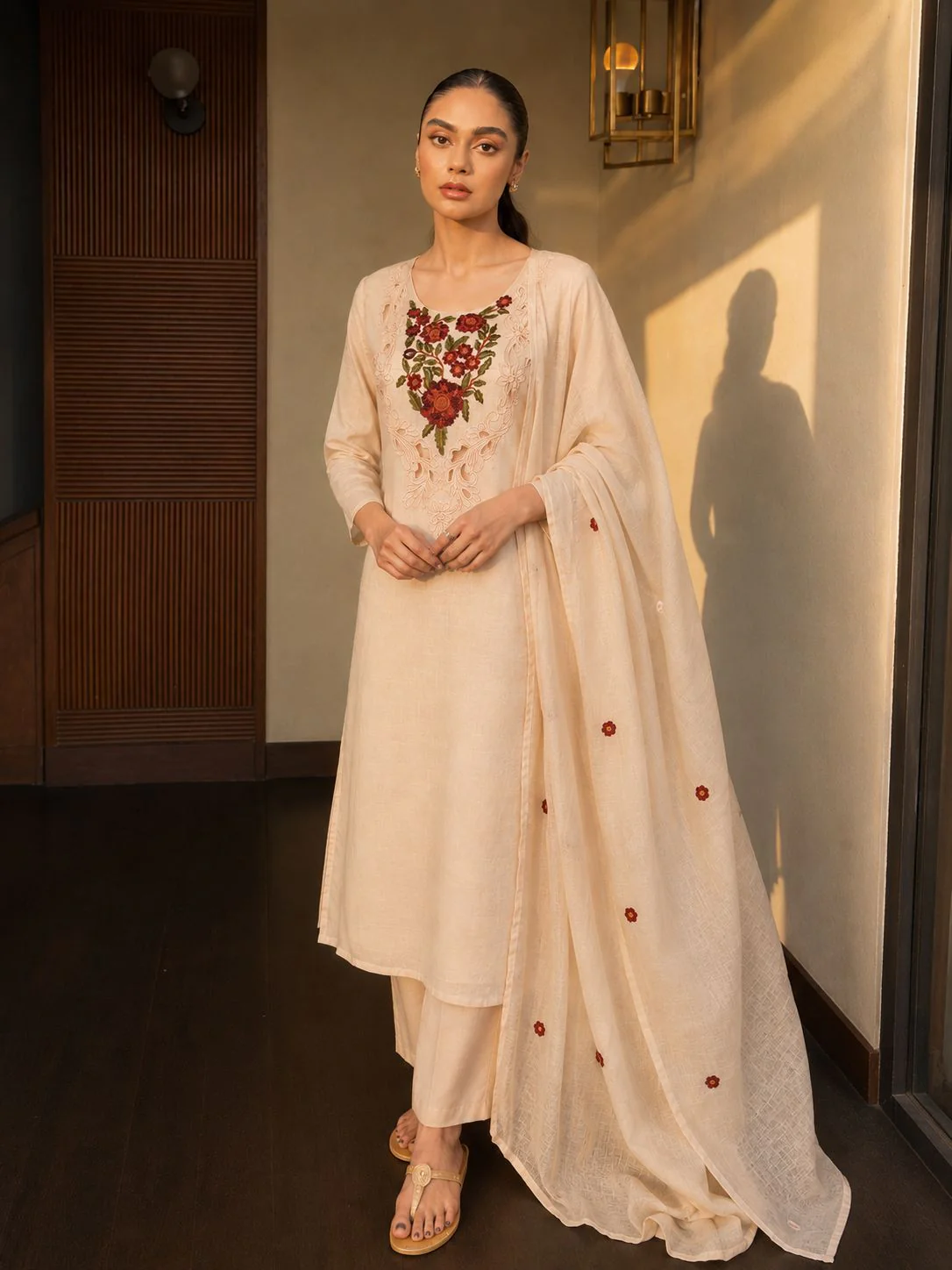 Ivory Rose Embroidered Mul-Cotton Pant Set