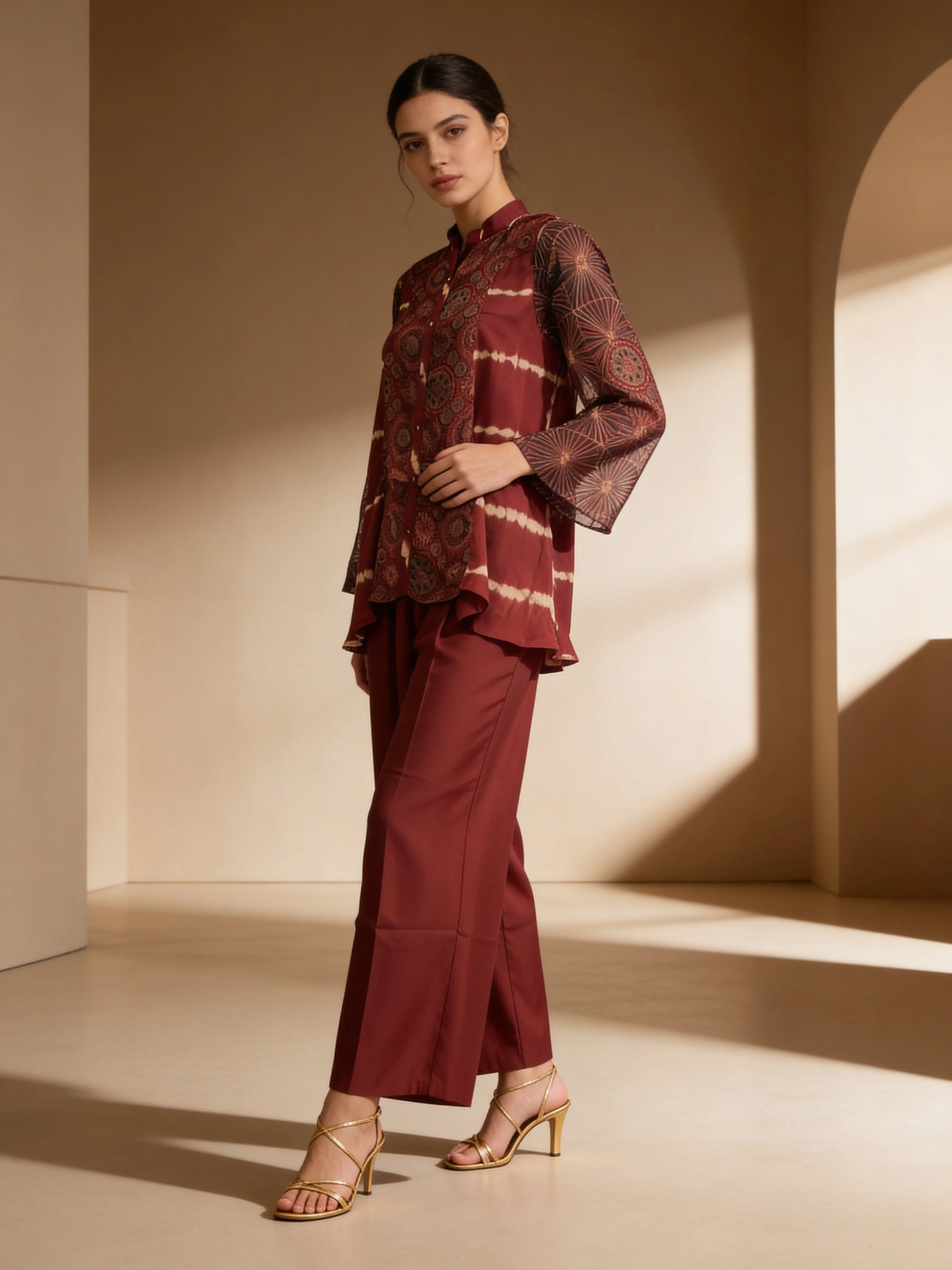 Deep Maroon Printed Habutai Silk Co-Ord Set