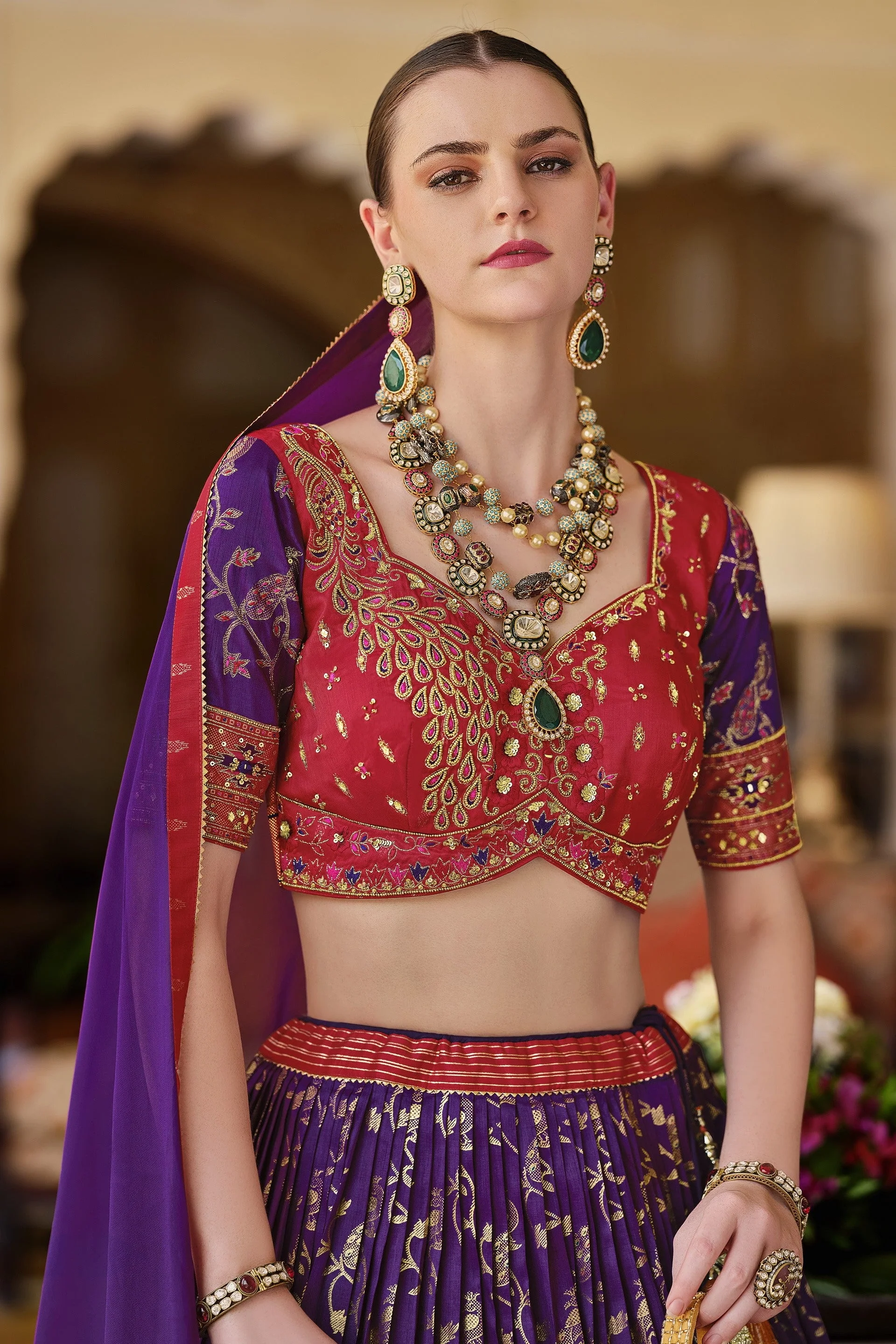 Violet Floral Printed Premium Silk Lehenga Set - Image 2