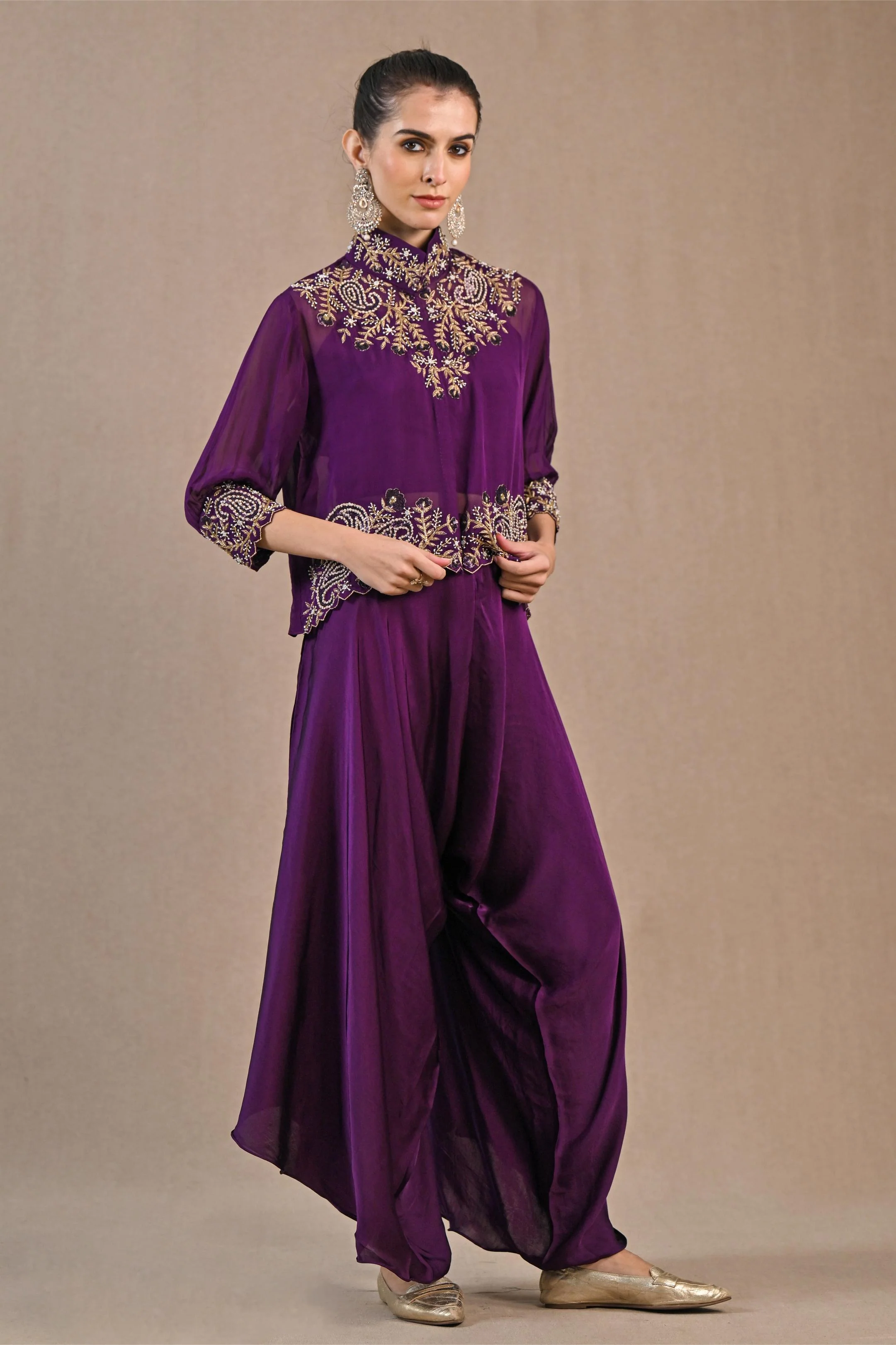 Purple Organza Silk Jacket & Palazzo Set - Image 3