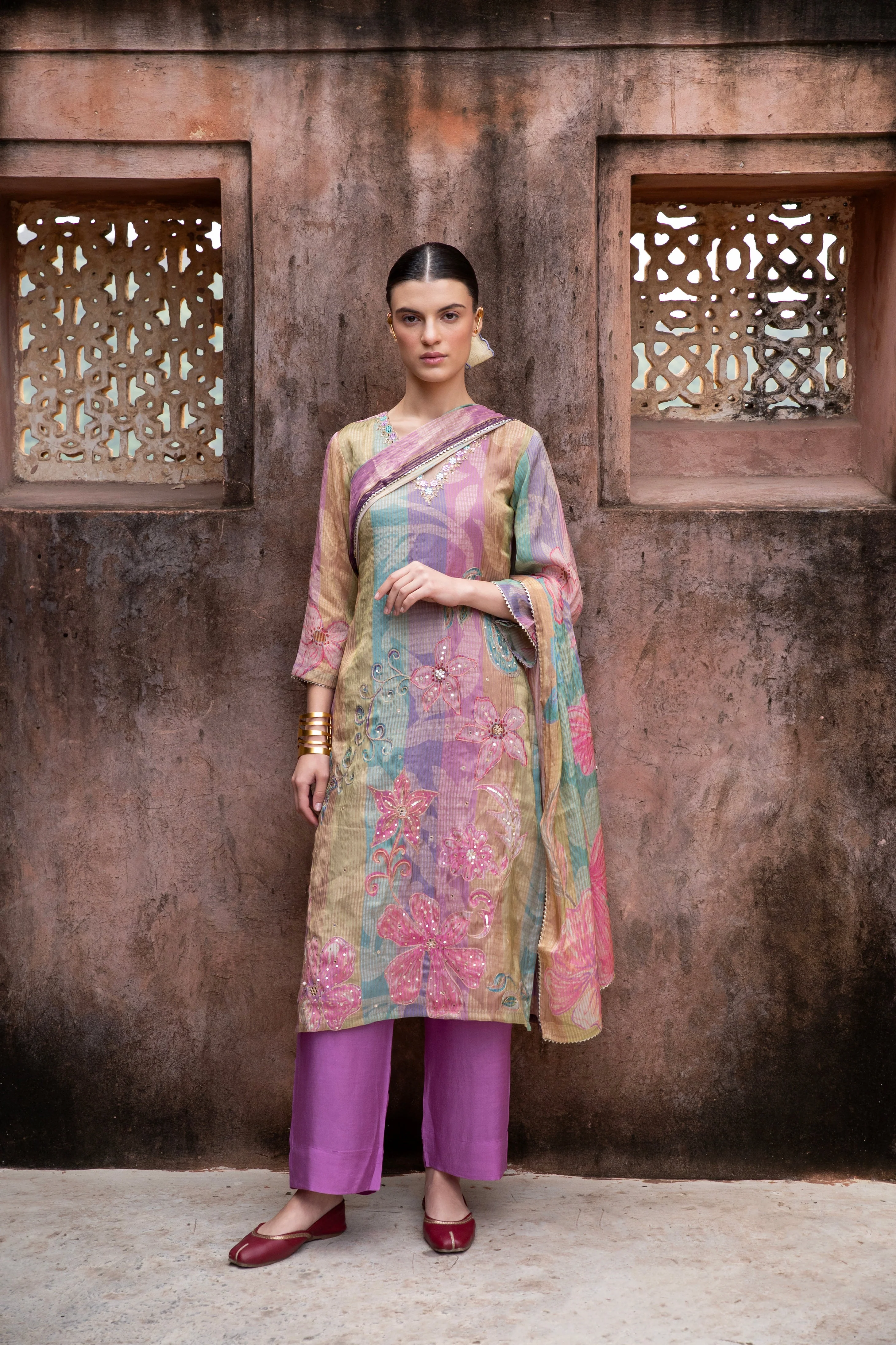 Purple Embellished  Premium Silk Pant Set