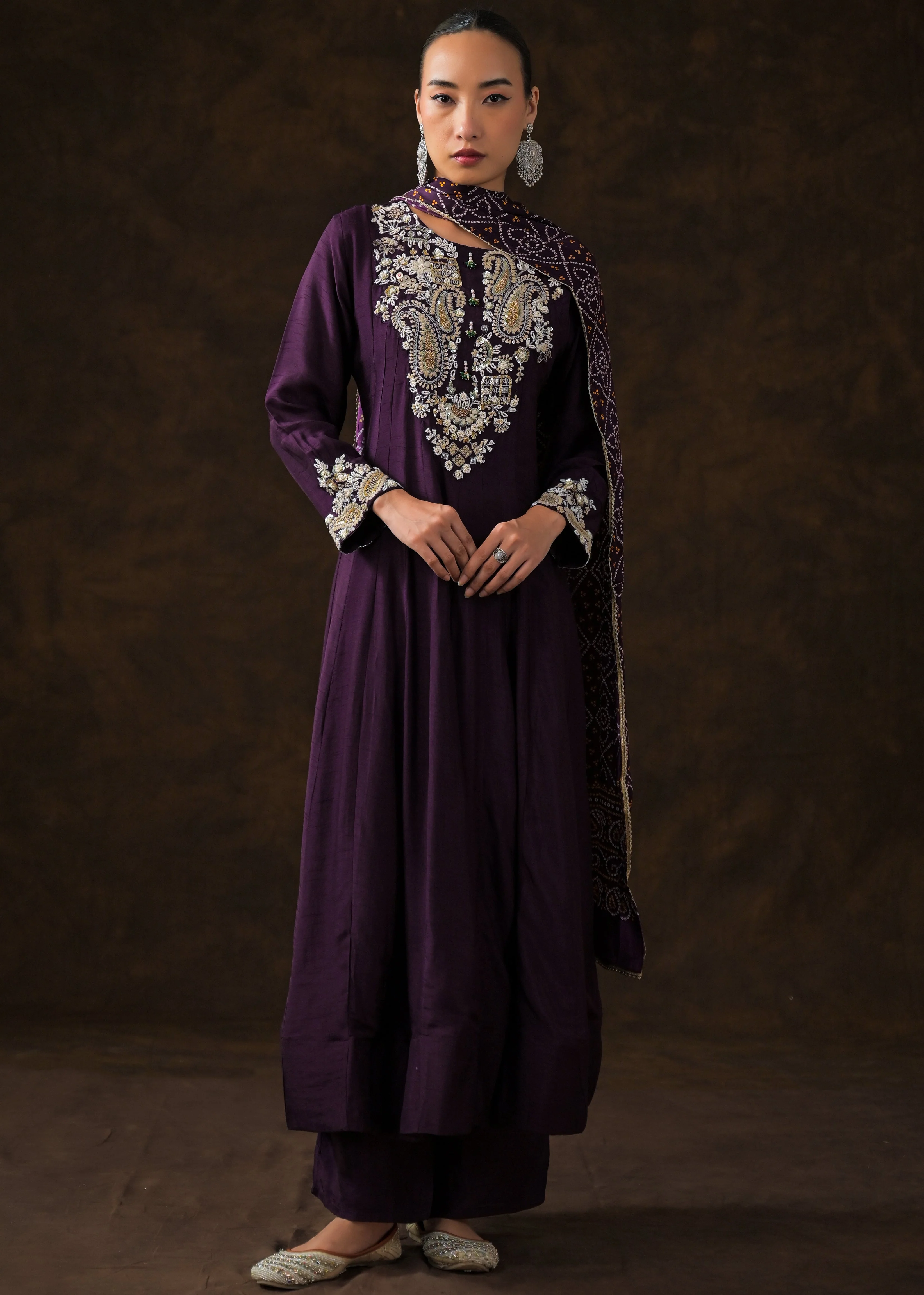 Plum Purple Embellished Raw Silk Anarkali Set
