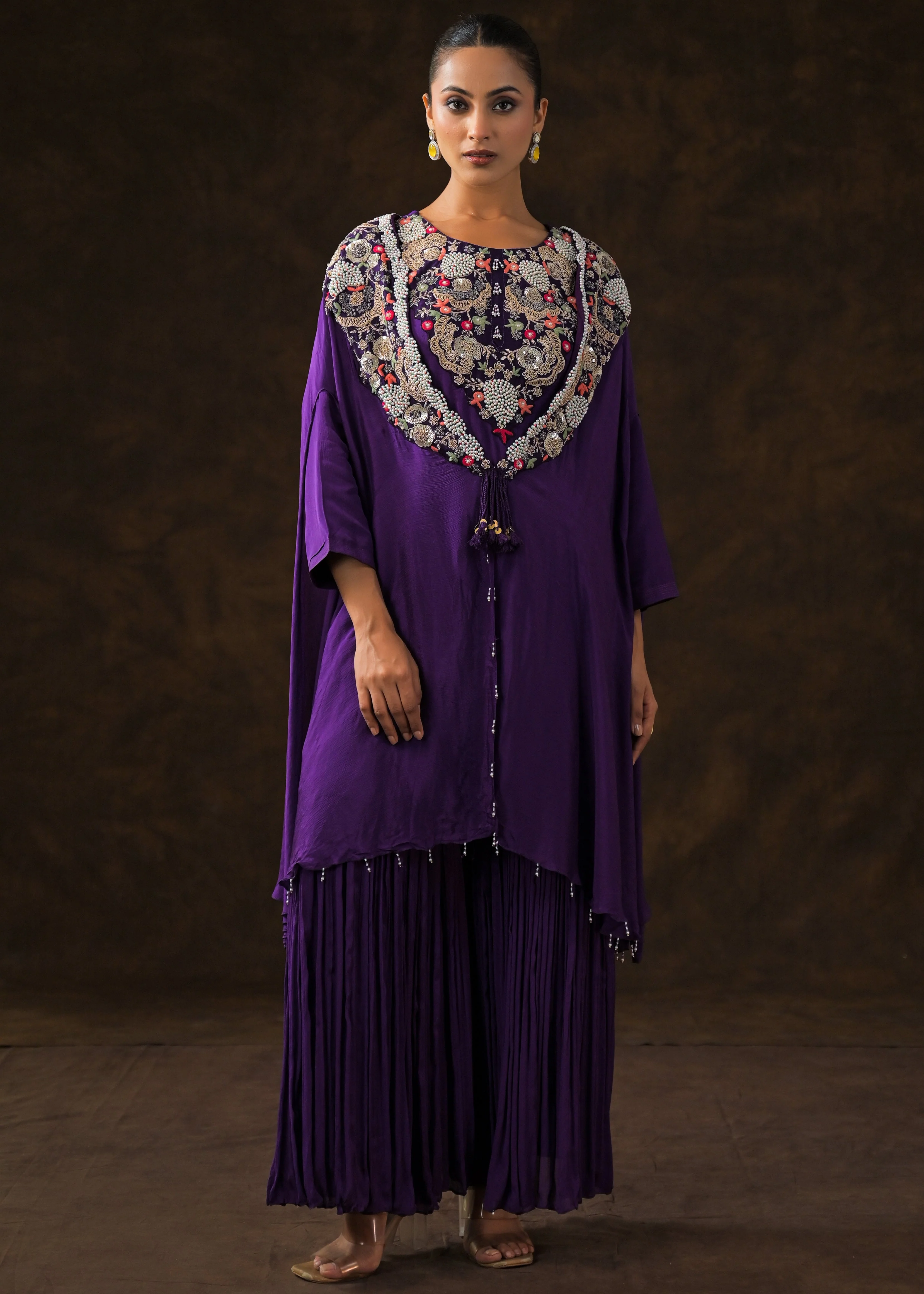 Regal Voilet Embellished Chinon Silk Sharara Set