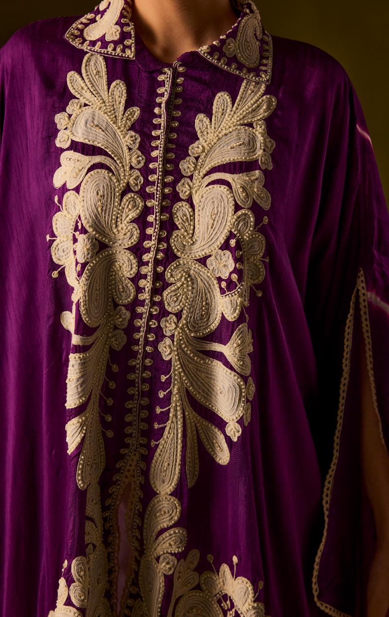 Royal Purple Embroidered Raw Silk Kaftan Set - Image 2