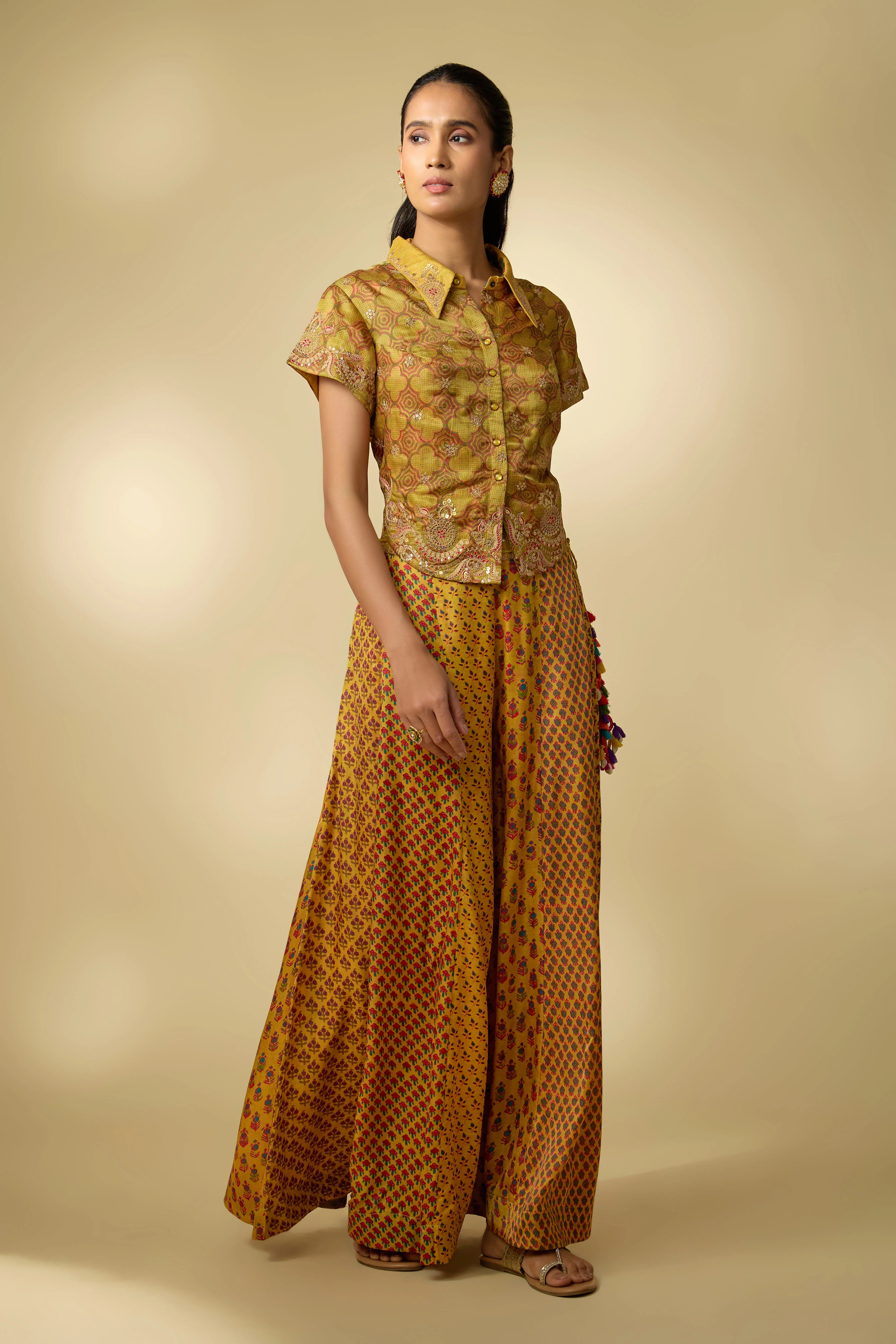 Mustard Yellow Printed Slub Cotton Silk Tunic Co-Ord Set