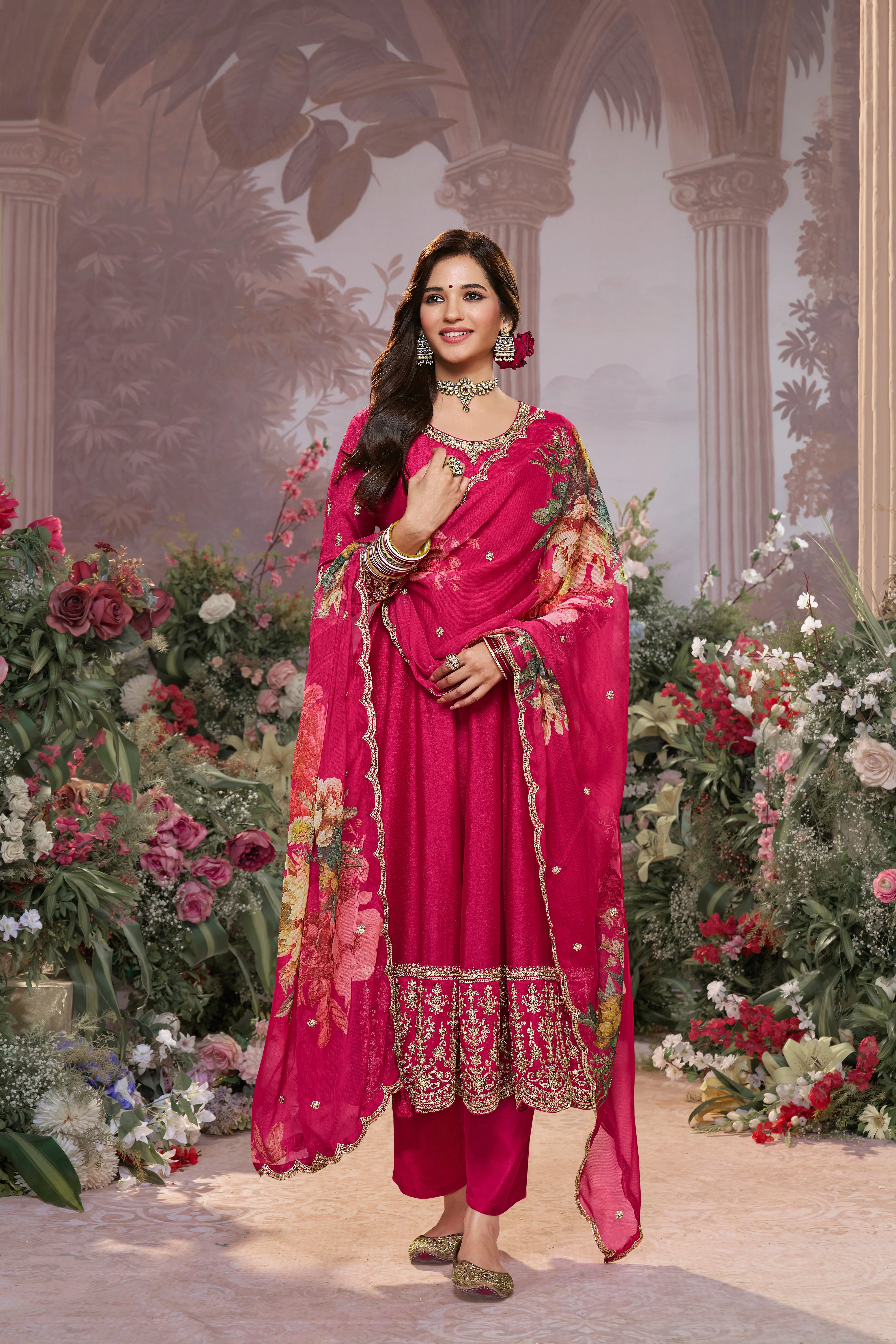 Queen Pink Embellished Raw Silk Anarkali Set - Image 2