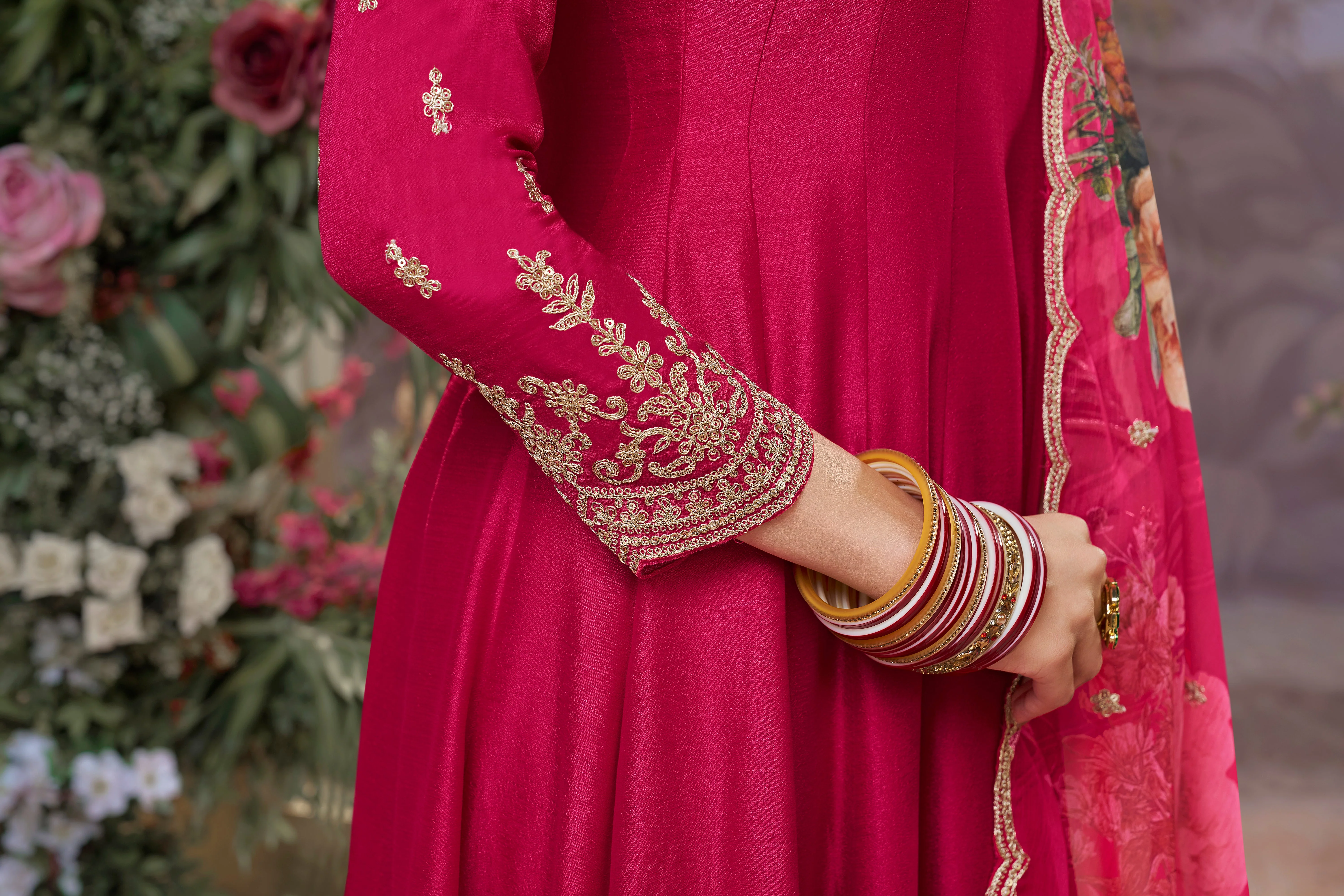 Queen Pink Embellished Raw Silk Anarkali Set - Image 4