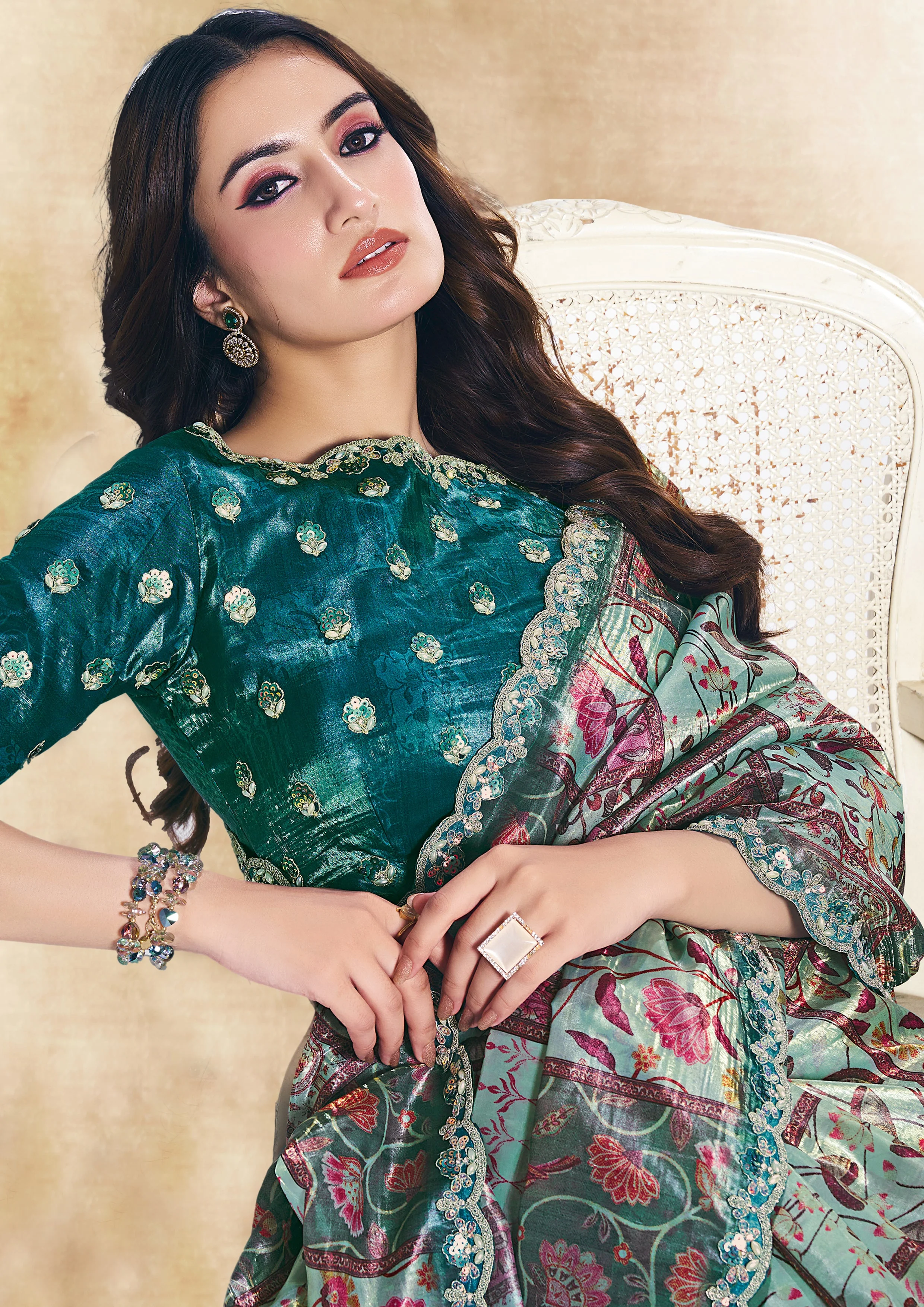 Rama Green Embellished Soft Organza Silk Saree - Image 2