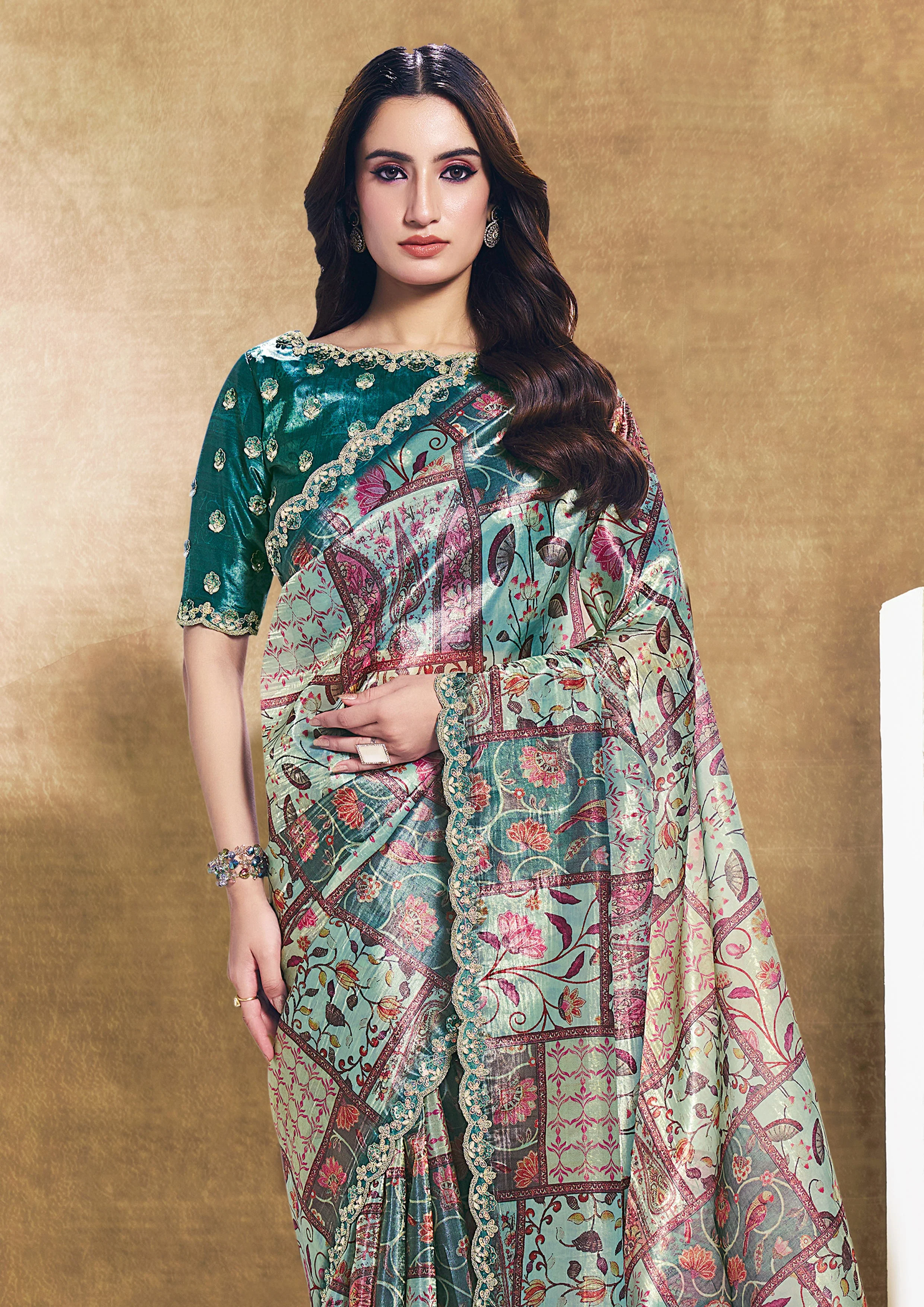 Rama Green Embellished Soft Organza Silk Saree - Image 3