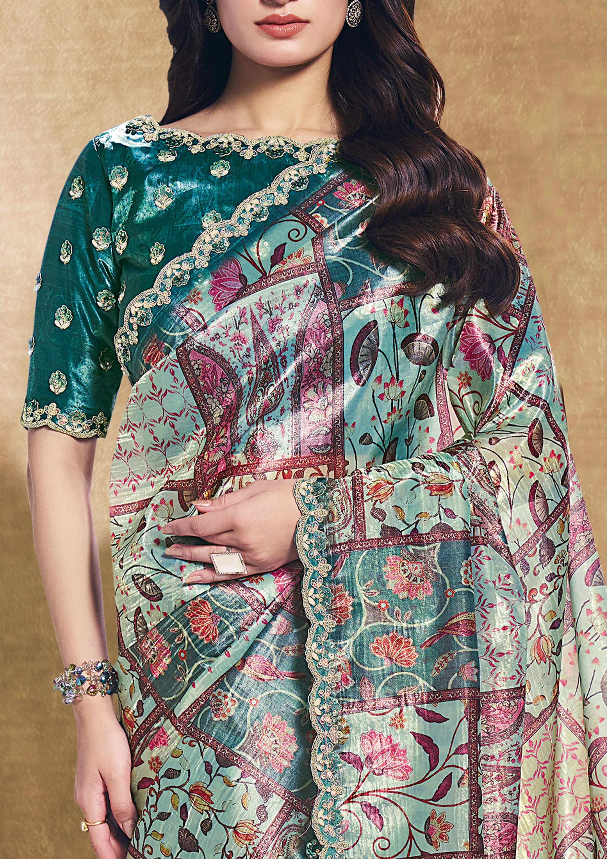 Rama Green Embellished Soft Organza Silk Saree - Image 4