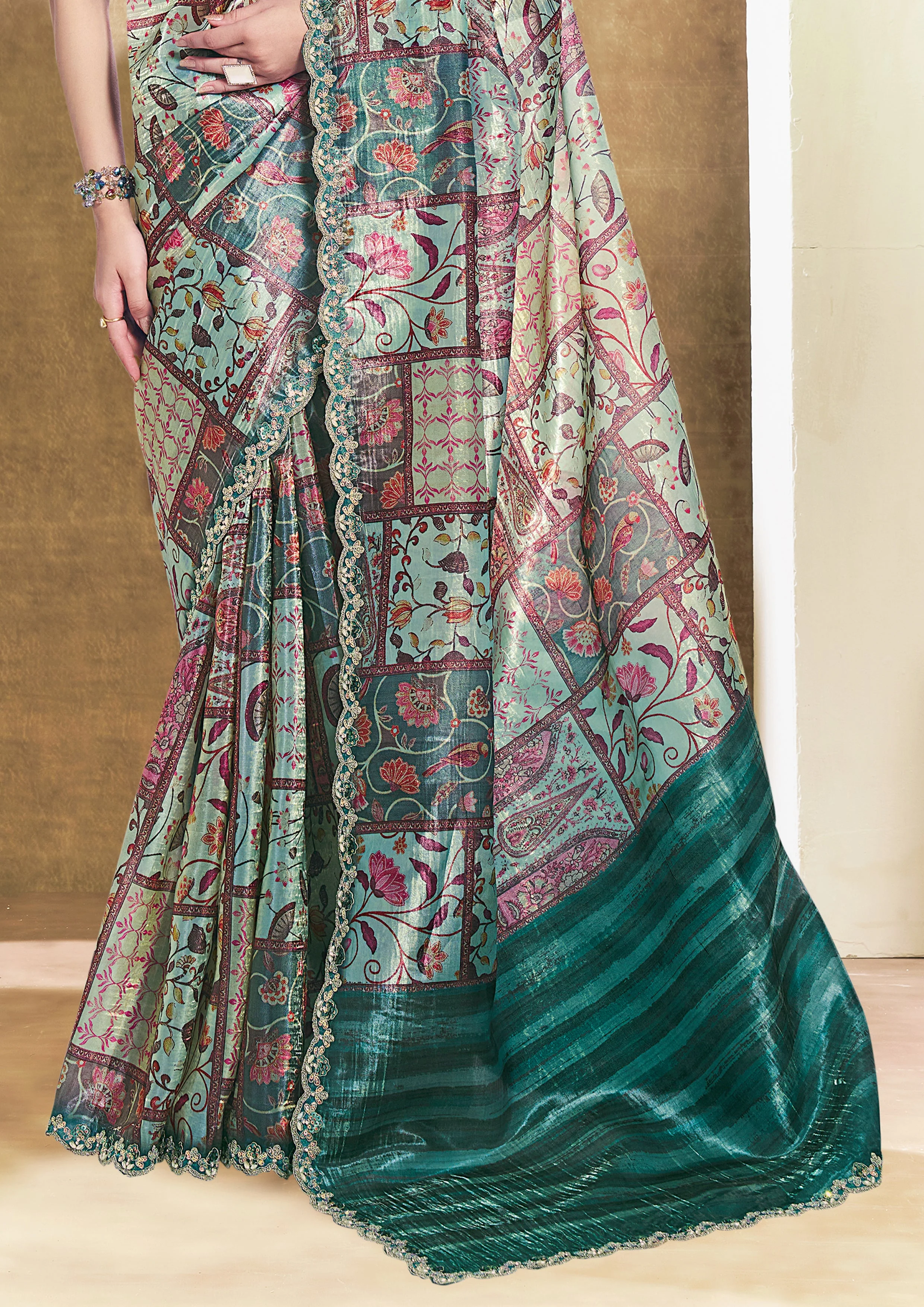Rama Green Embellished Soft Organza Silk Saree - Image 5
