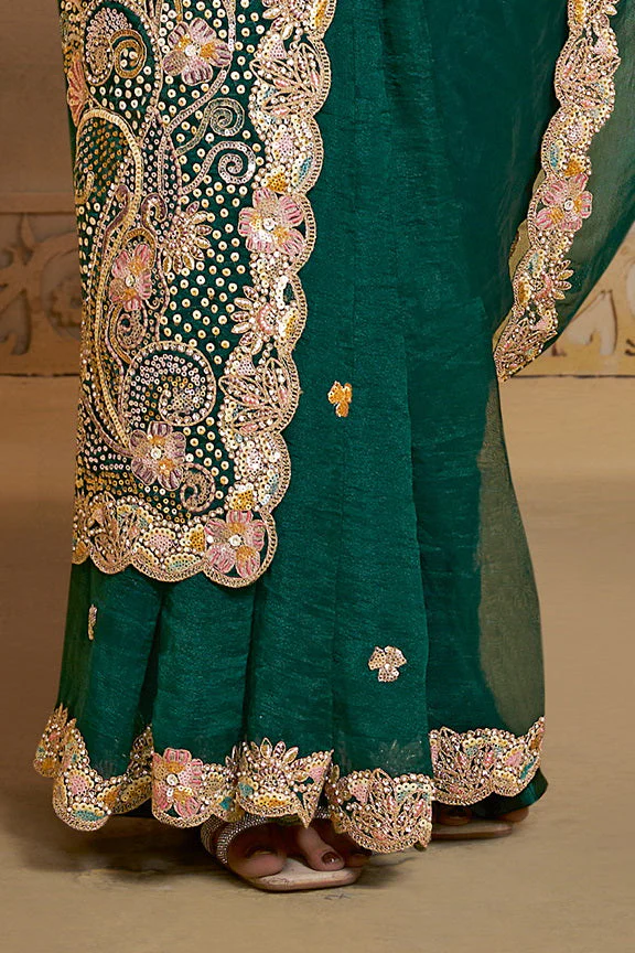 Peacock Green Embellished Organza Satin Silk Saree - Image 6