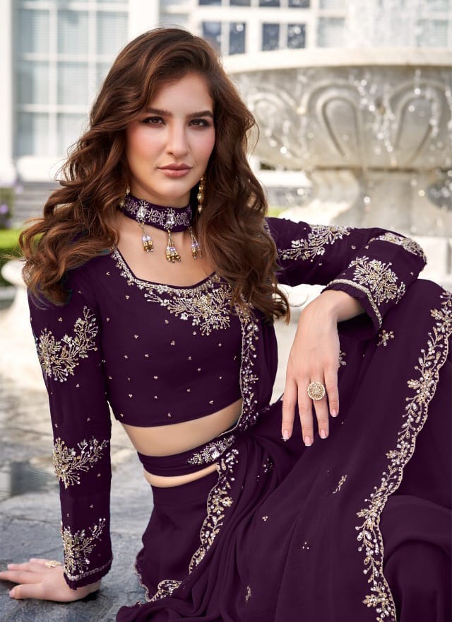 Dark Purple Embellished Saree-Style Skirt Set - Image 2