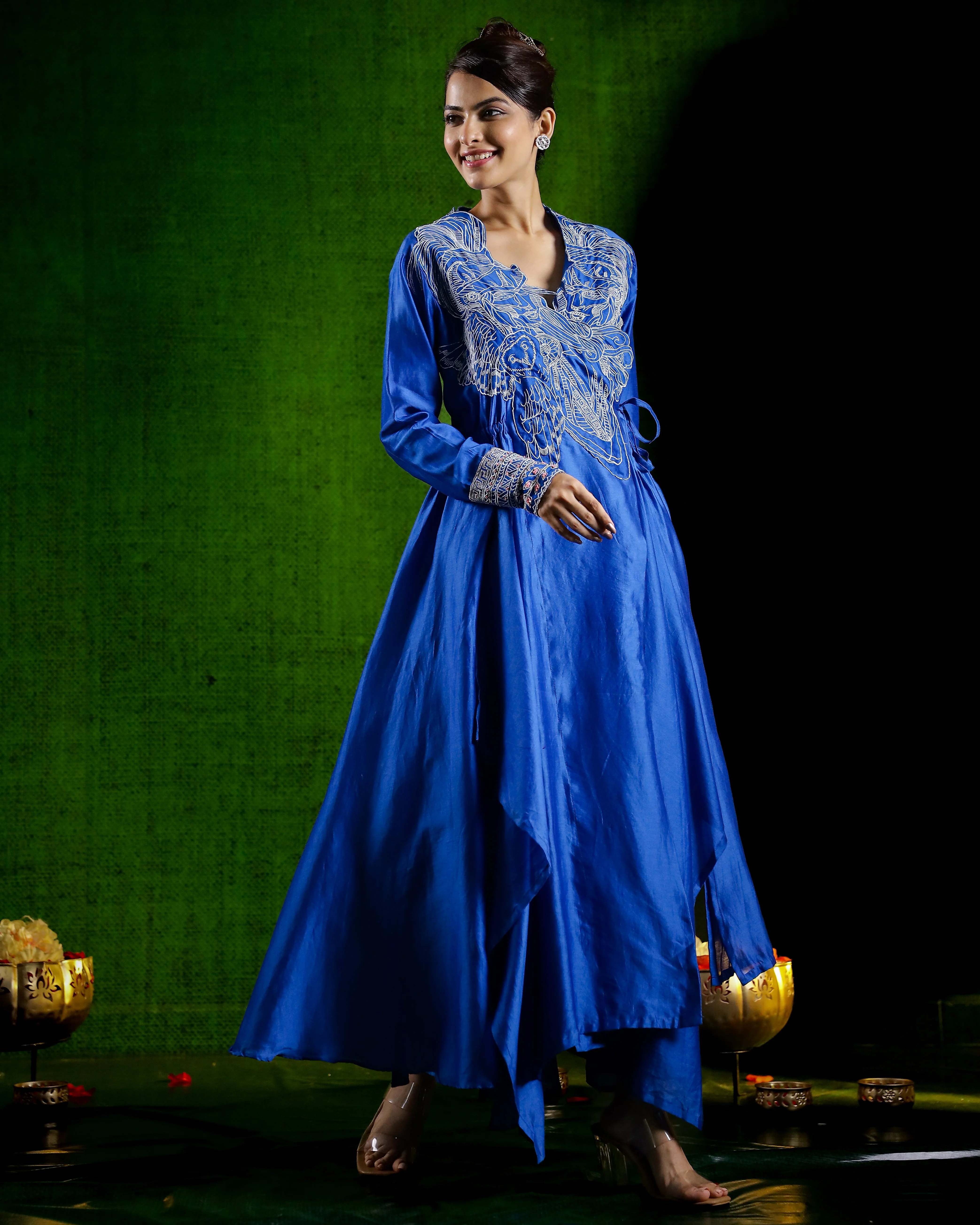 Blue Chic Embroidered Raw Silk Kurta with Pants - Image 3