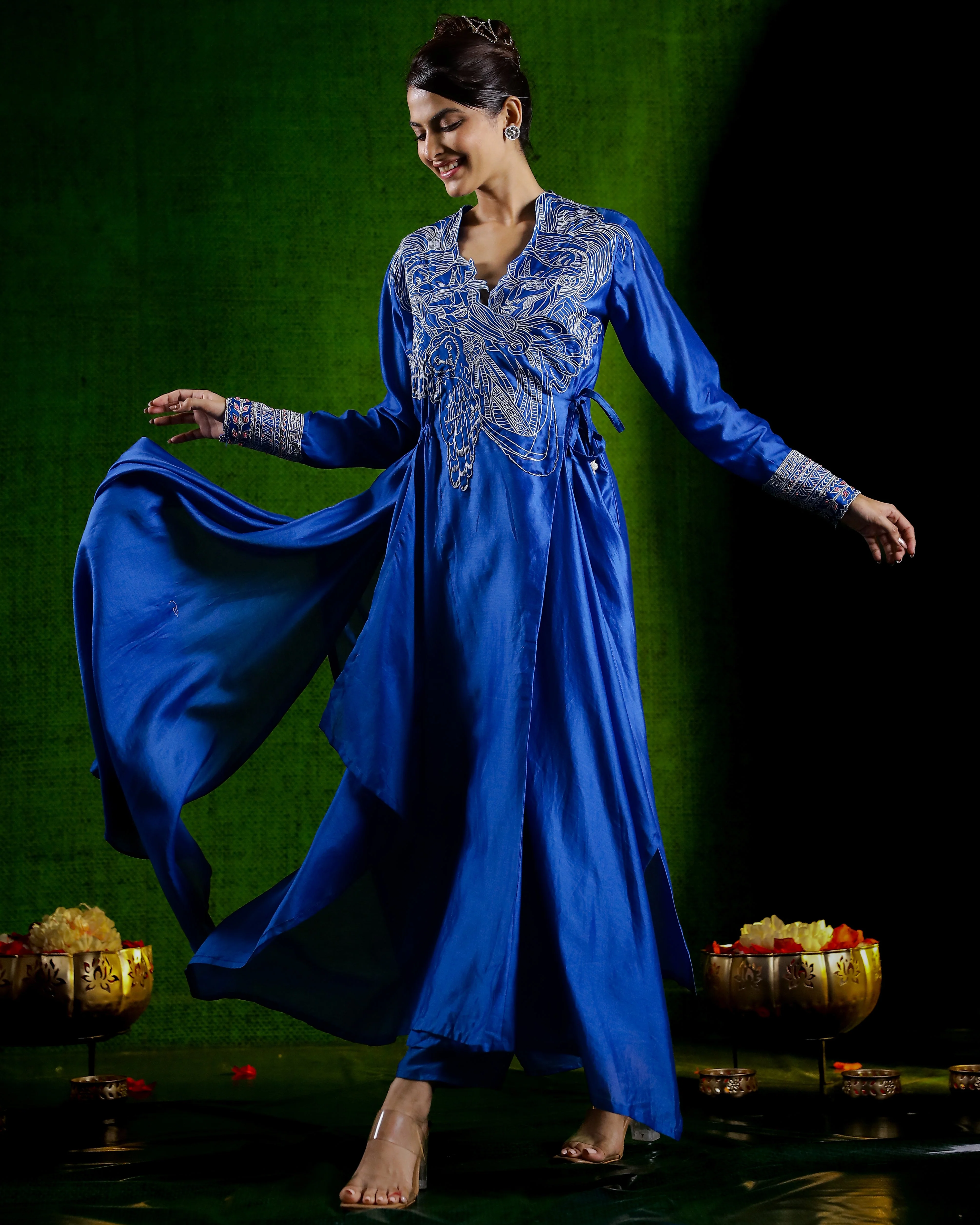 Blue Chic Embroidered Raw Silk Kurta with Pants - Image 4