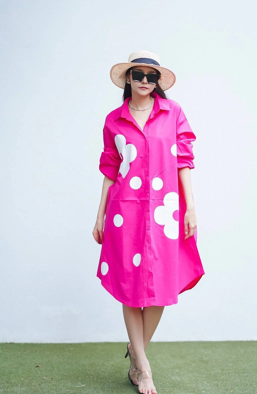 Bright Pink Floral Polka Print Tunic Dress