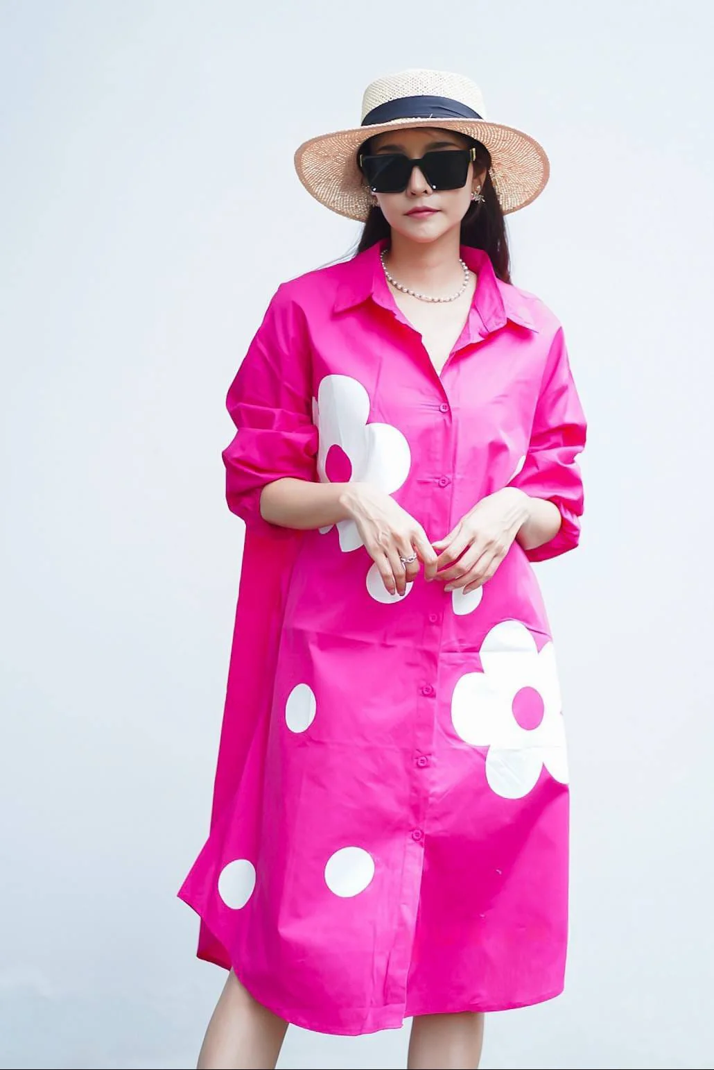 Bright Pink Floral Polka Print Tunic Dress - Image 2