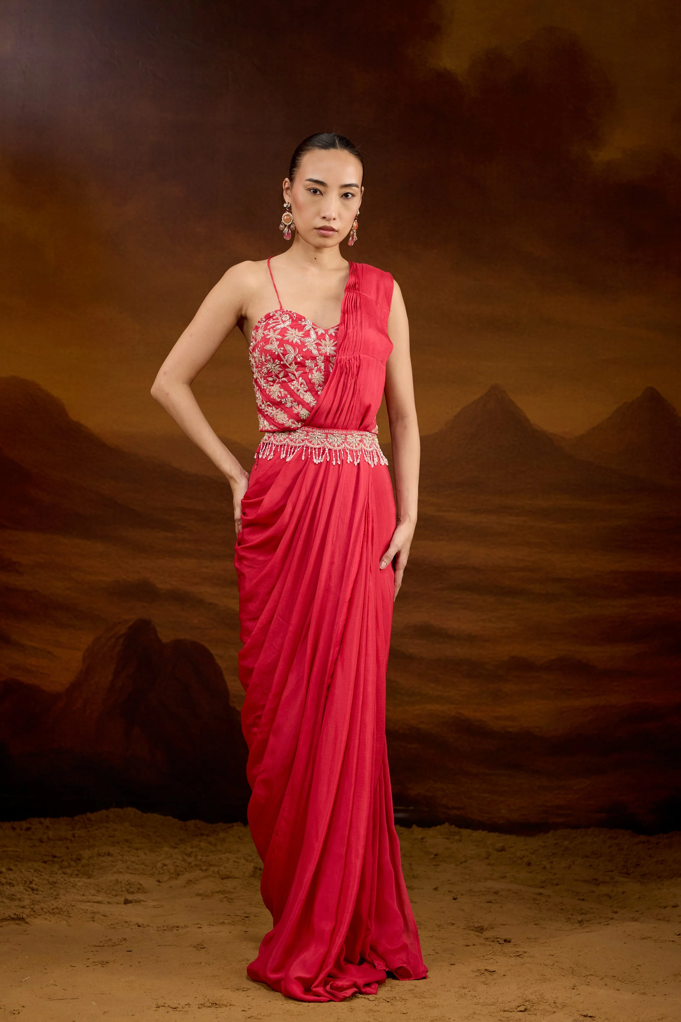 Raspberry Pink Embellished Chinon Silk Draped Saree