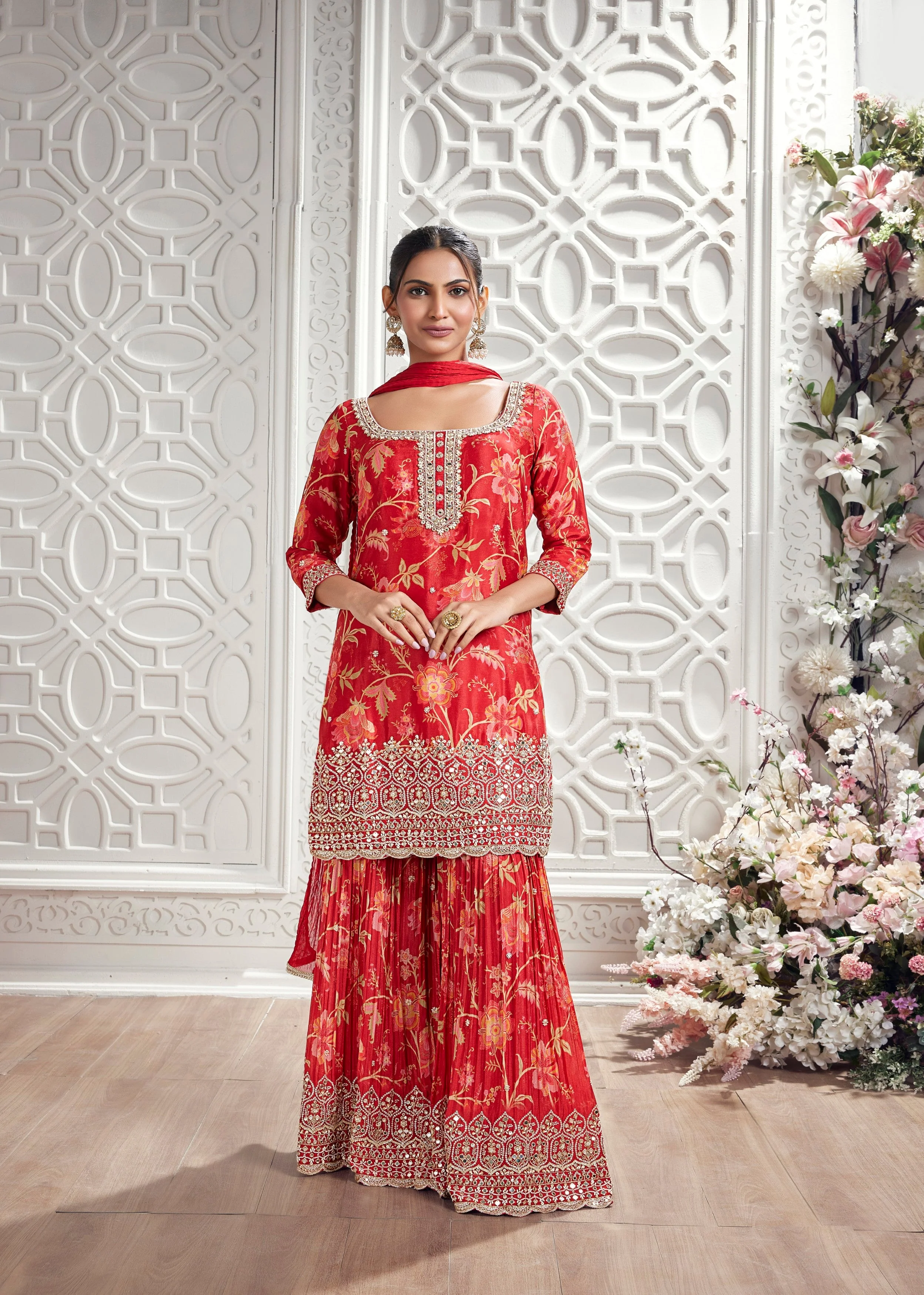 Crimson Red Embellished Chinon Silk Palazzo Set