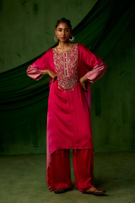 Red Embellished Satin Silk Kurta Set