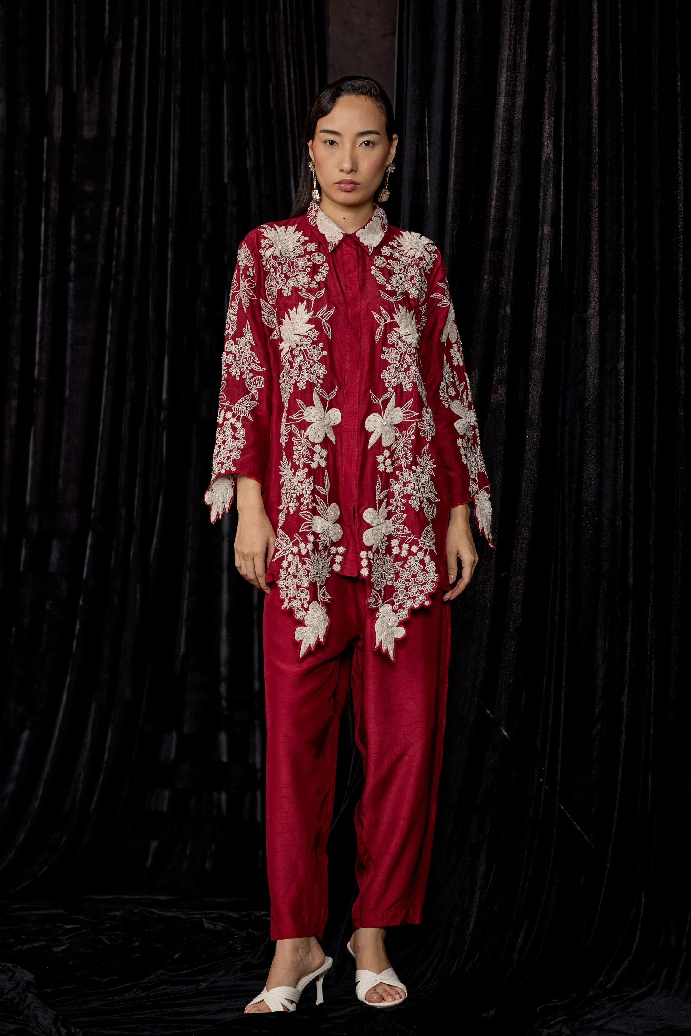 Maroon Embroidered Raw Silk Co-Ord Set